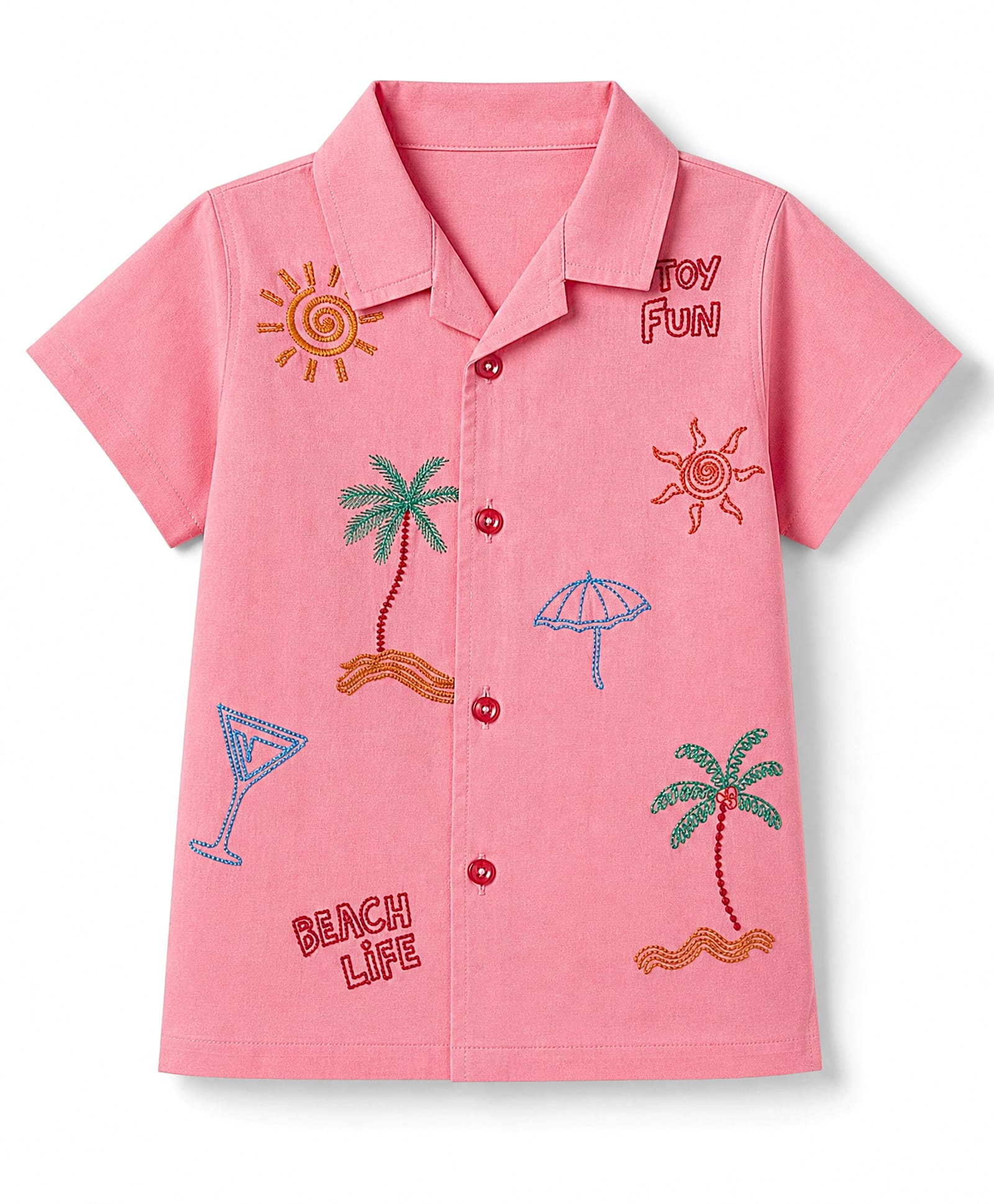Dapper Dudes Cotton Woven Shirt with Half Sleeves and Beach Theme Embroidery - Pink-picture-21