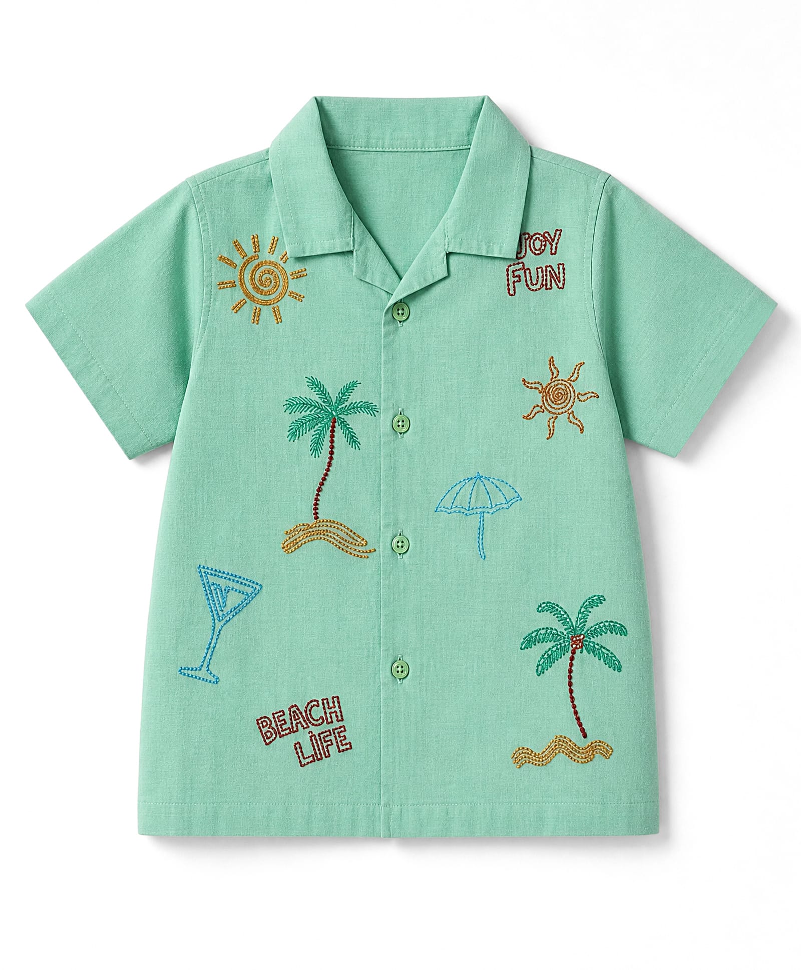 Dapper Dudes Cotton Woven Shirt with Half Sleeves and Beach Theme Embroidery - Green-image-9