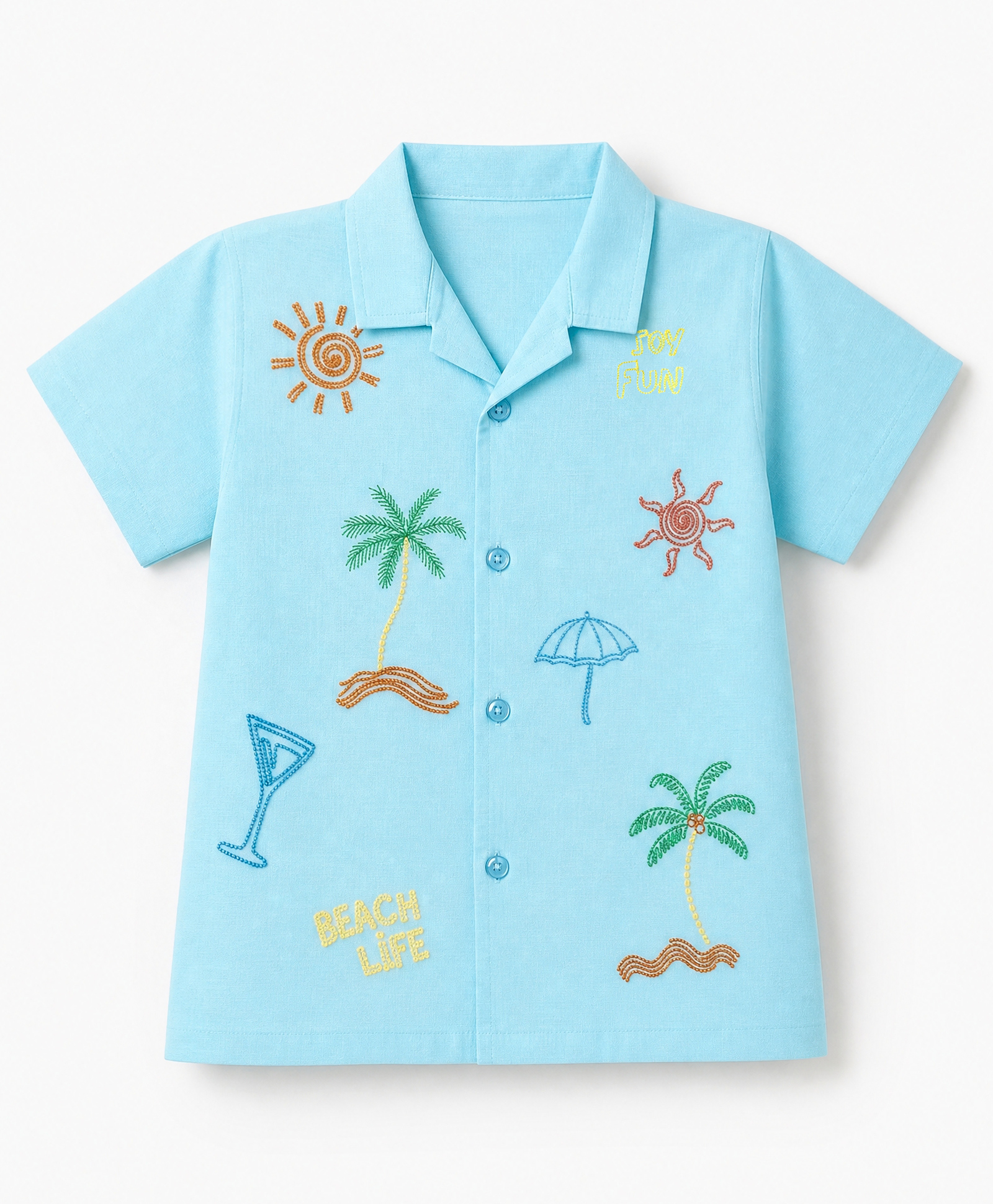 Dapper Dudes Cotton Woven Shirt with Half Sleeves and Beach Theme Embroidery - Sky Blue-image-9
