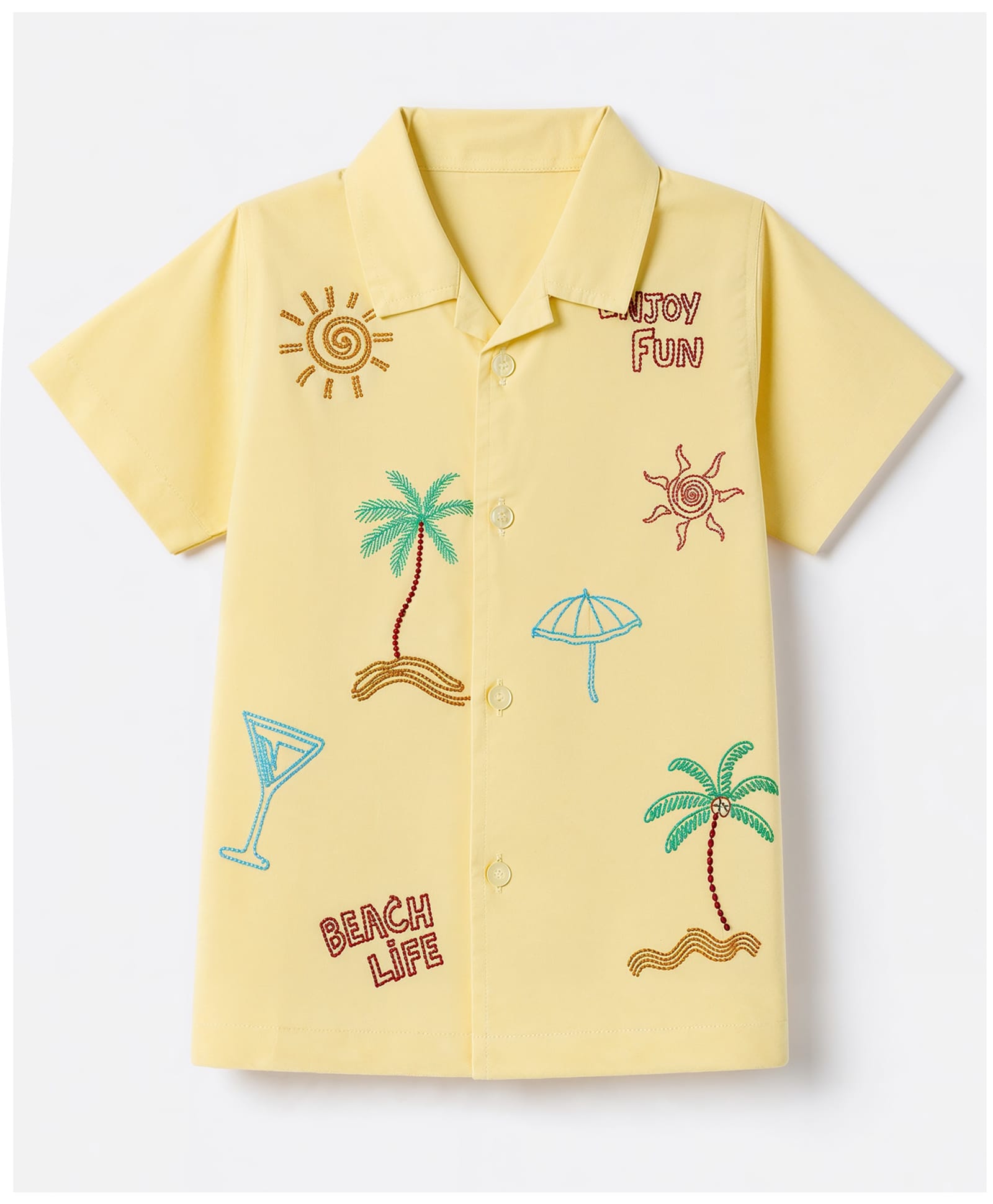 Dapper Dudes Cotton Woven Shirt with Half Sleeves and Beach Theme Embroidery - Yellow-image-45