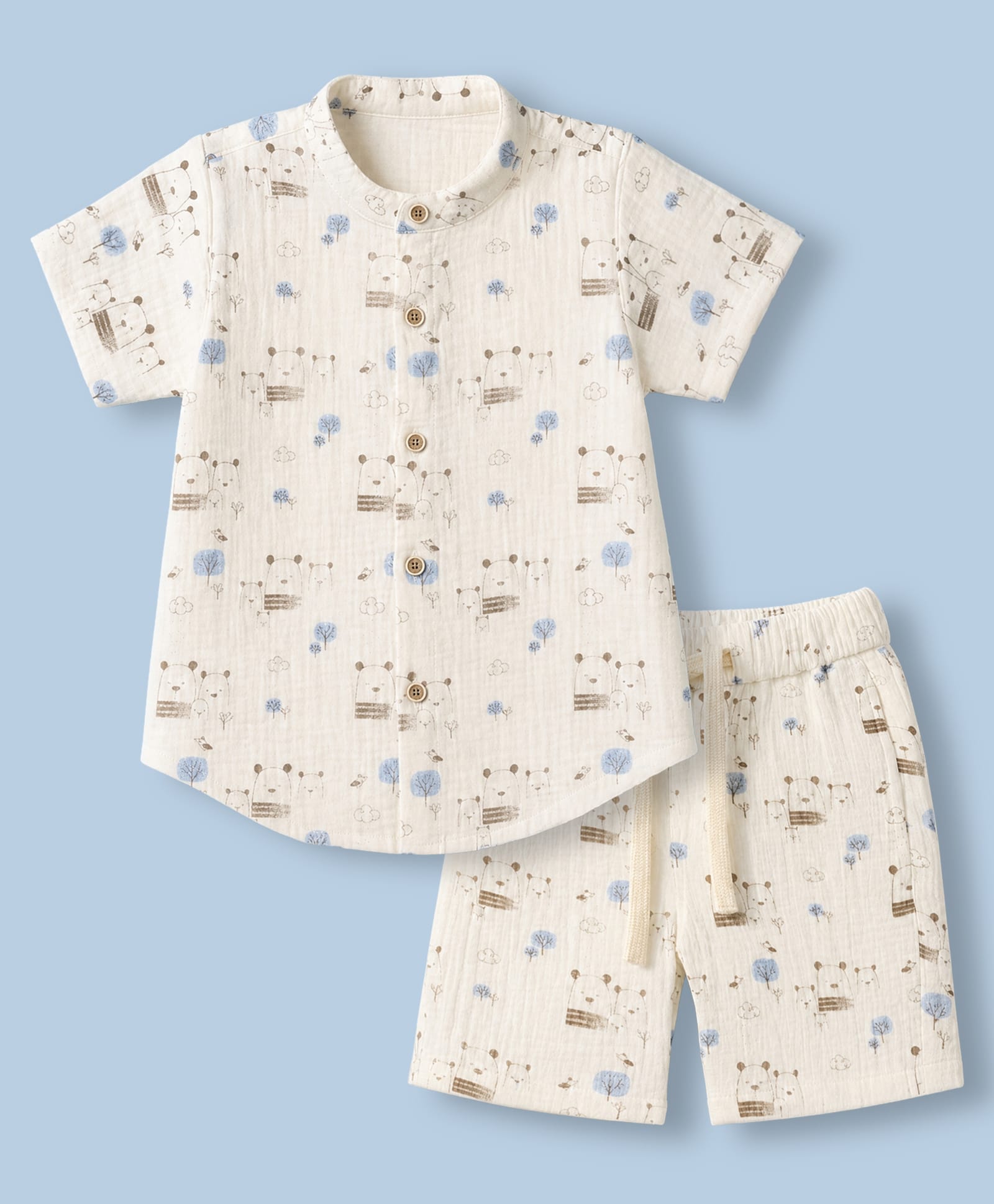 Dapper Dudes Cotton Woven Half Sleeves Teddy Printed Shirt & Shorts Co-Ords Set - Beige-image-4
