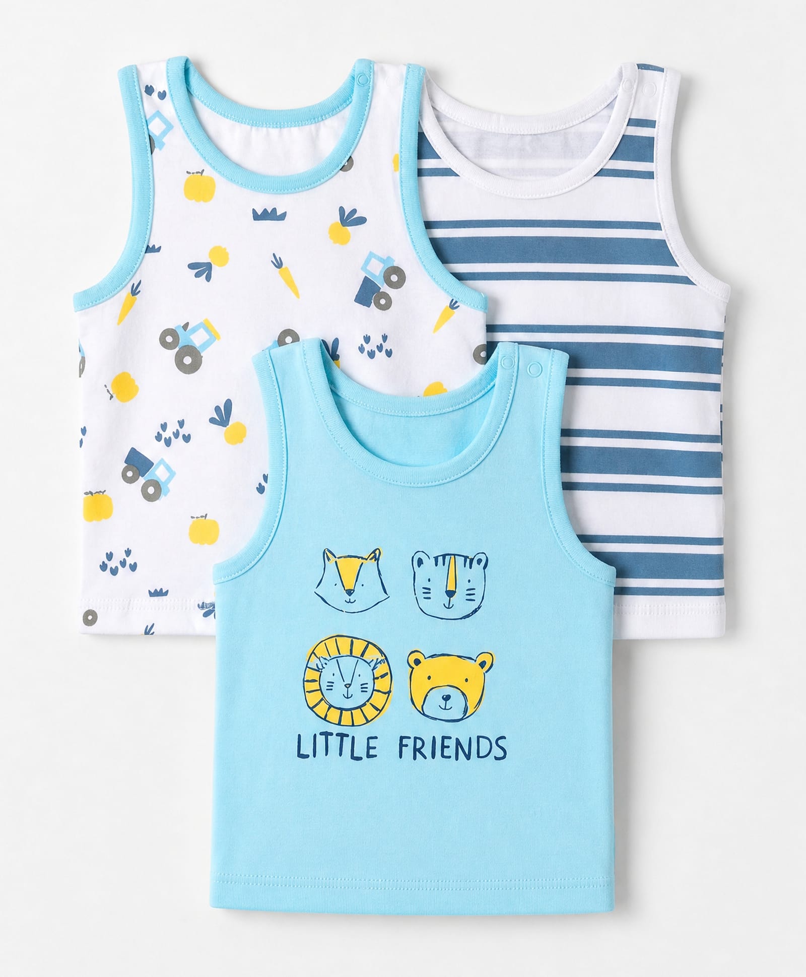 Babyoye Elastene Knit Solid Striped Sleeveless Set of Vests With Cartoon Animal Print Pack of 3 - Light Blue White-image-41