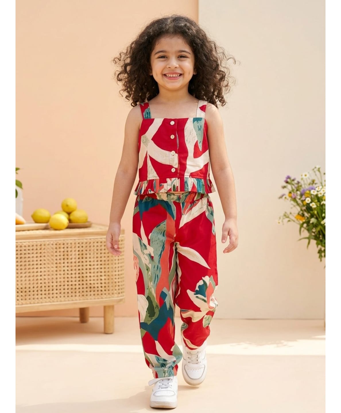 AJ Dezines Cotton Woven Sleeveless Topical Theme Printed Coordinating Top & Pants Set - Red-picture-36