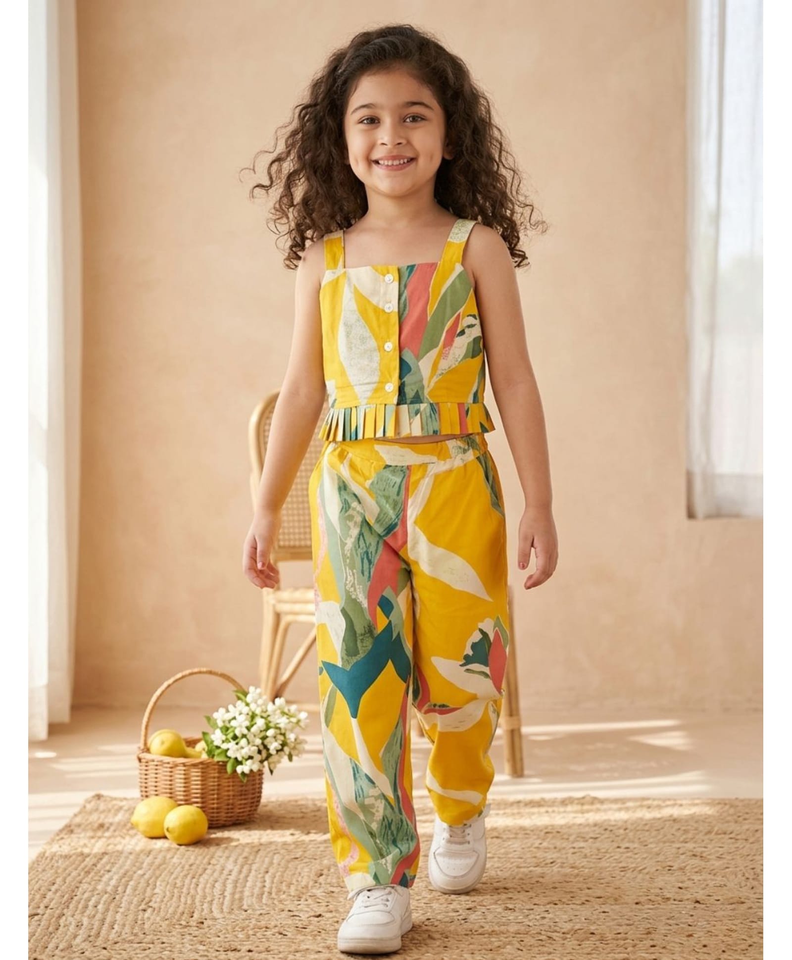 AJ Dezines Cotton Woven Sleeveless Floral Printed Coordinating Top & Pants Set - Yellow-picture-24