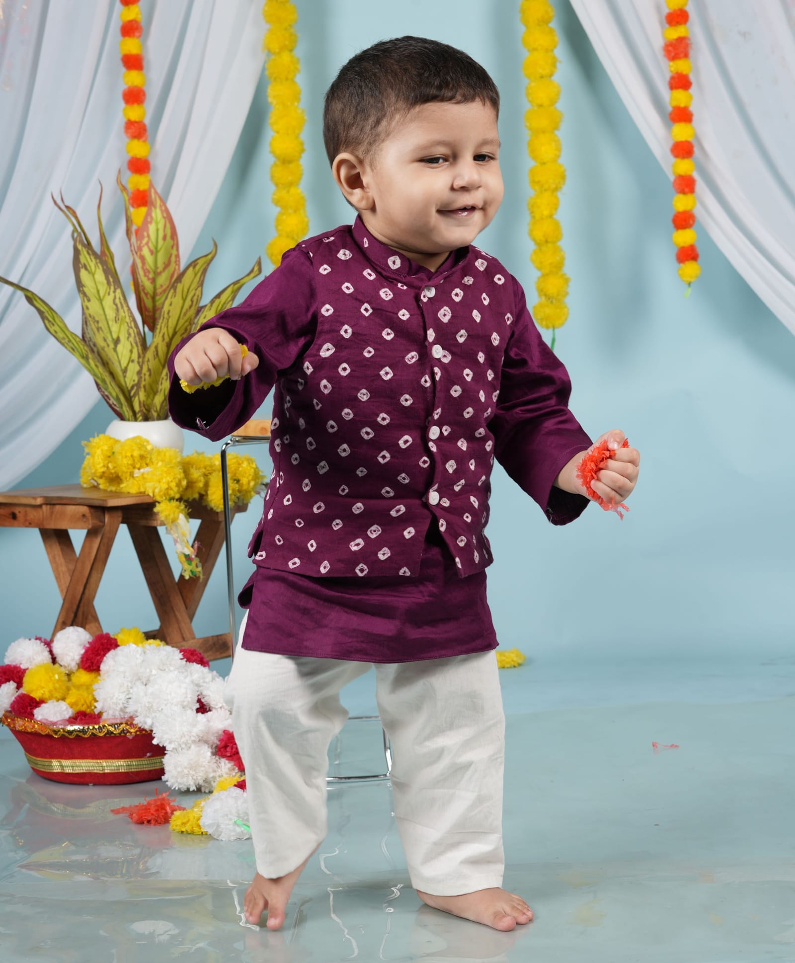 Cuddly cubs Cotton Woven Full Sleeves Solid Kurta & Pajama With Bandhej Printed Jacket Set - Plum-image-17