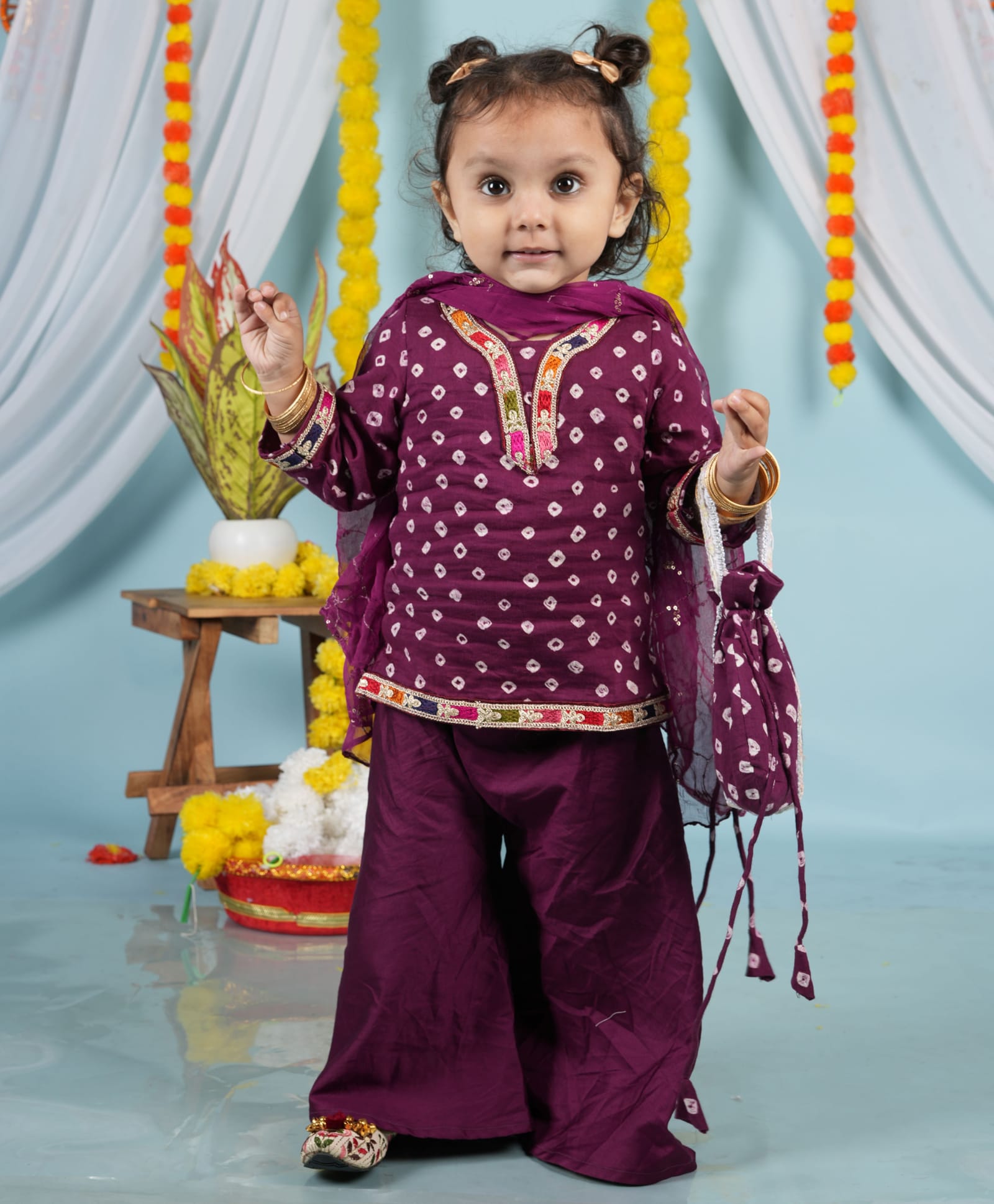 Cuddly cubs Cotton Woven Full Sleeves Bandhej Printed Kurti & Sharara With Dupatta Set - Plum-image-19