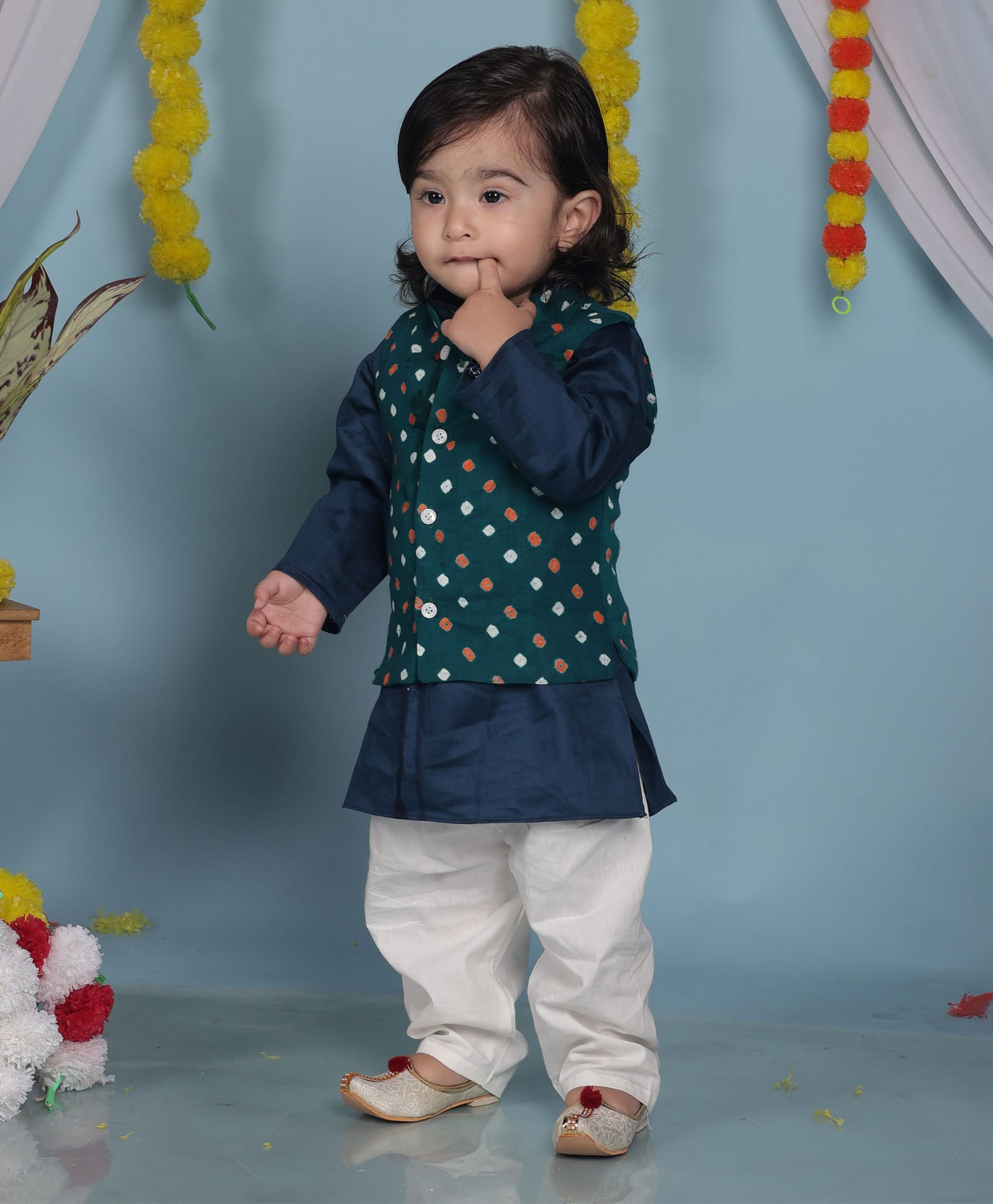 Cuddly cubs Cotton Woven Full Sleeves Solid Kurta & Pyjama With Geometric Printed Jacket Set - Teal-image-24