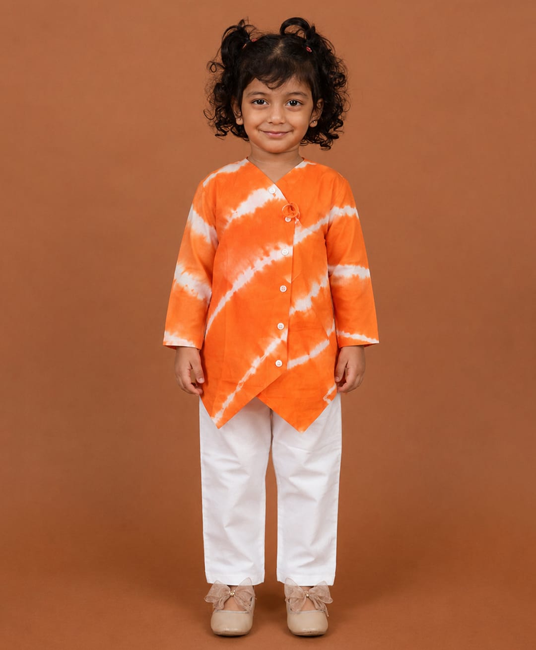 Cuddly cubs Cotton Woven Full Sleeves Tie Dye Kurti & Pants Set - Orange-image-39