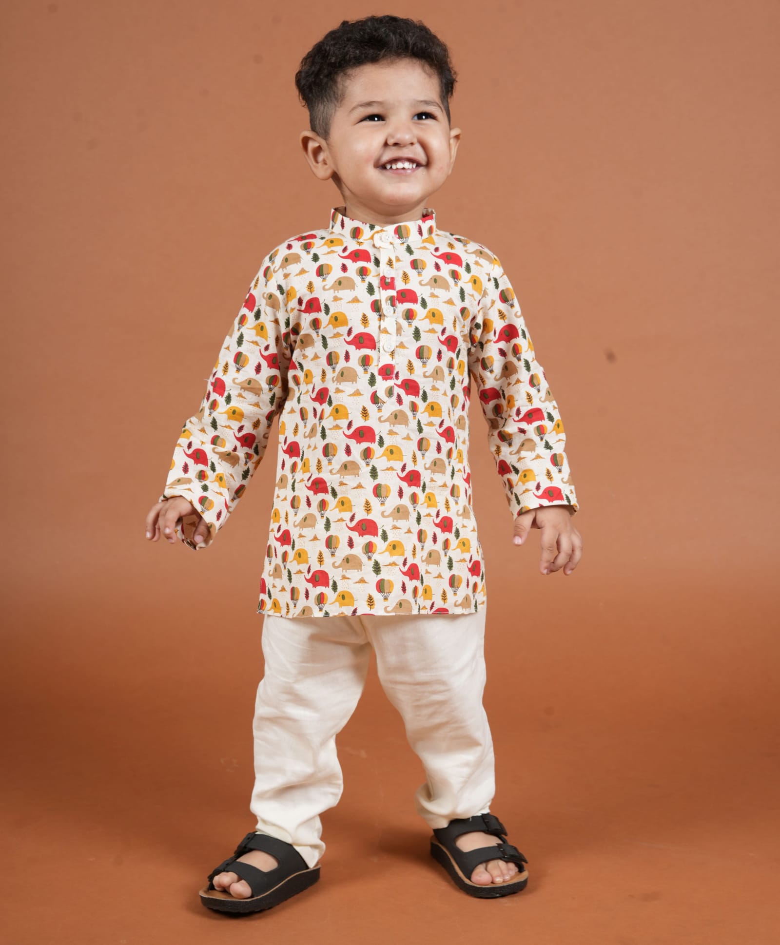 Cuddly cubs Cotton Woven Full Sleeves Hot Air Balloon & Elephant Printed Kurta & Pyjama Set - Multi Colour-picture-11