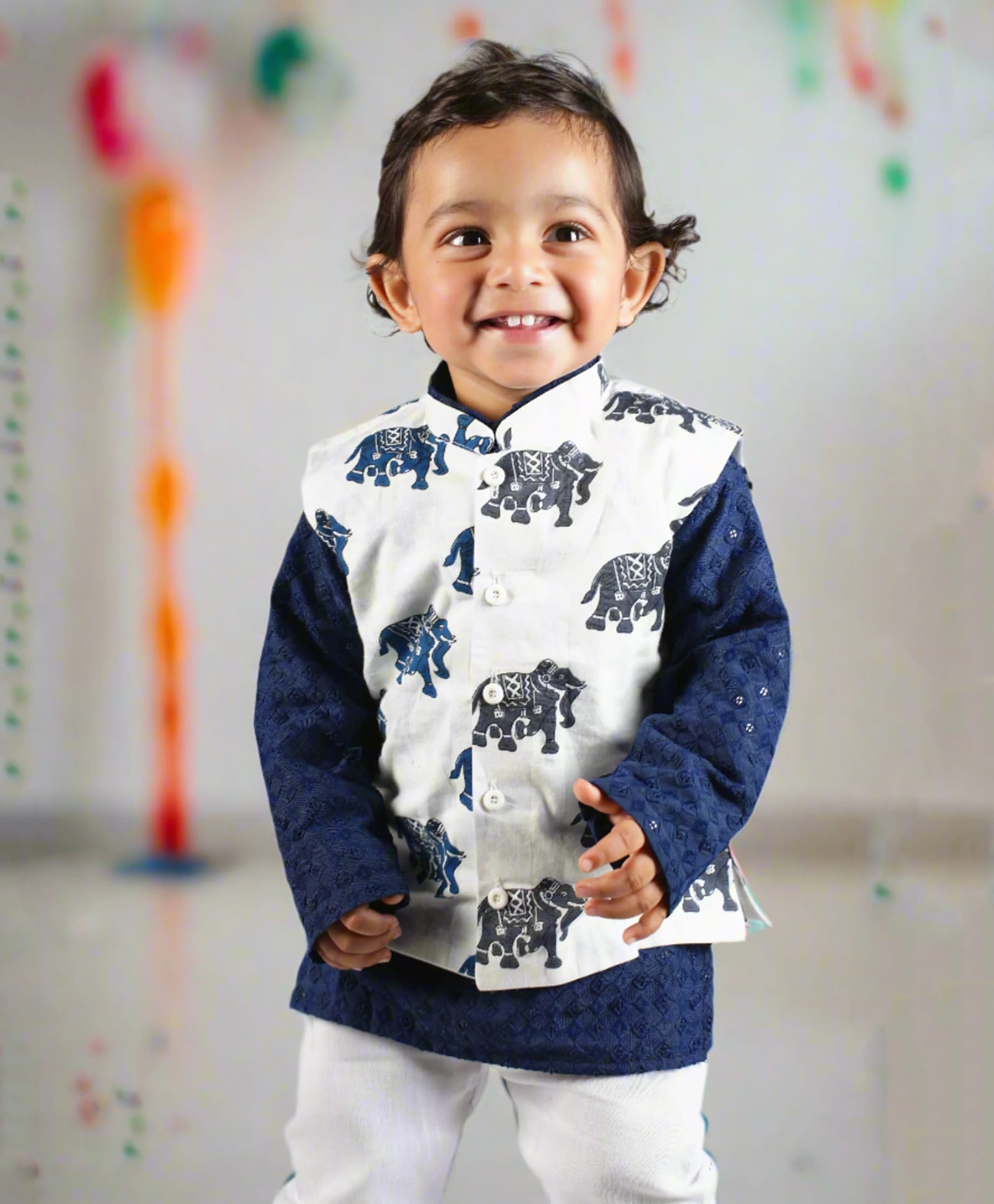 Cuddly cubs Cotton Woven Sleeveless Elephant Printed Jacket - Blue & Grey-picture-19