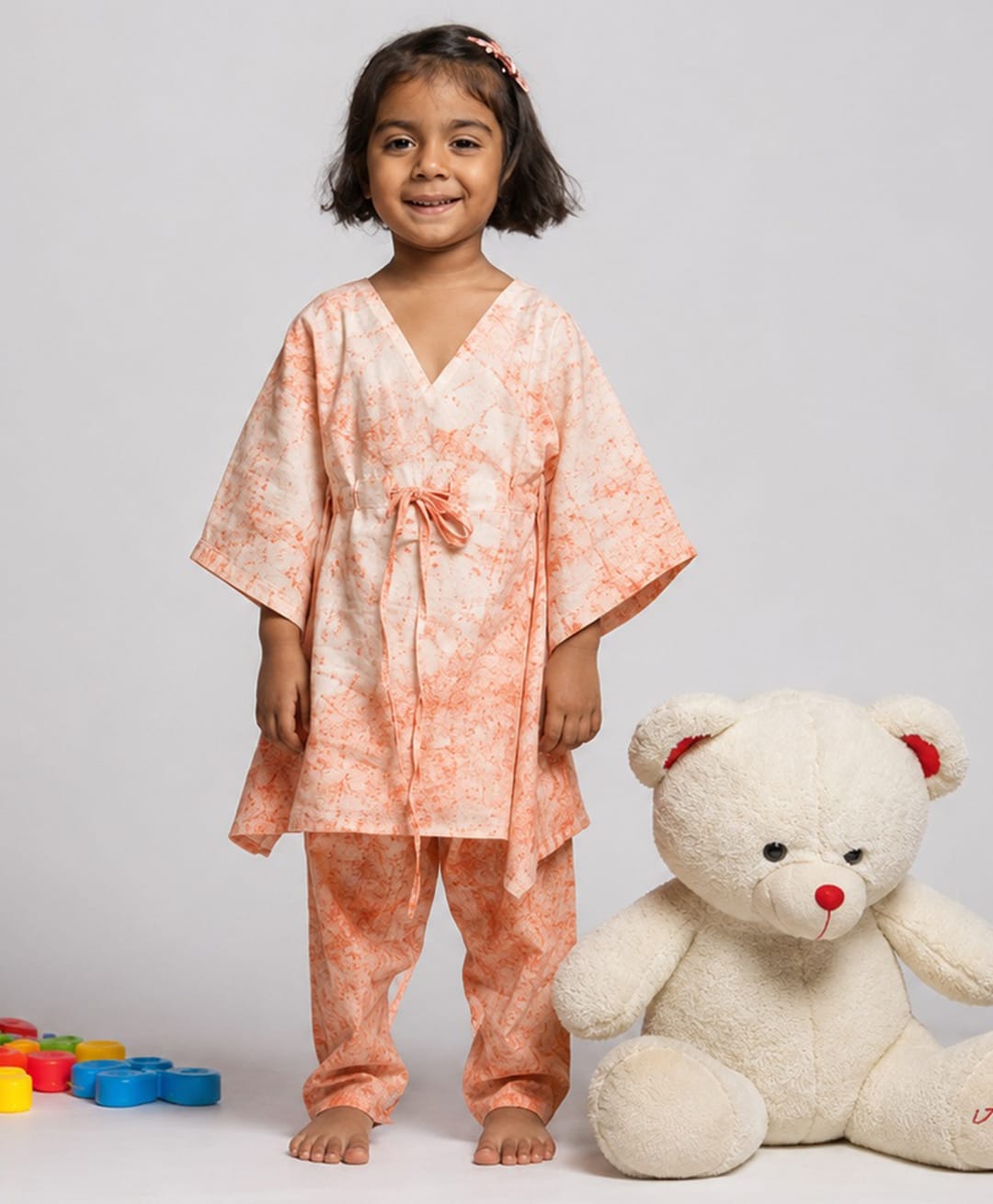 Cuddly cubs Cotton Woven Full Sleeves Marble Printed Kaftan Style Kurti & Pants Set - Light Orange-image-43