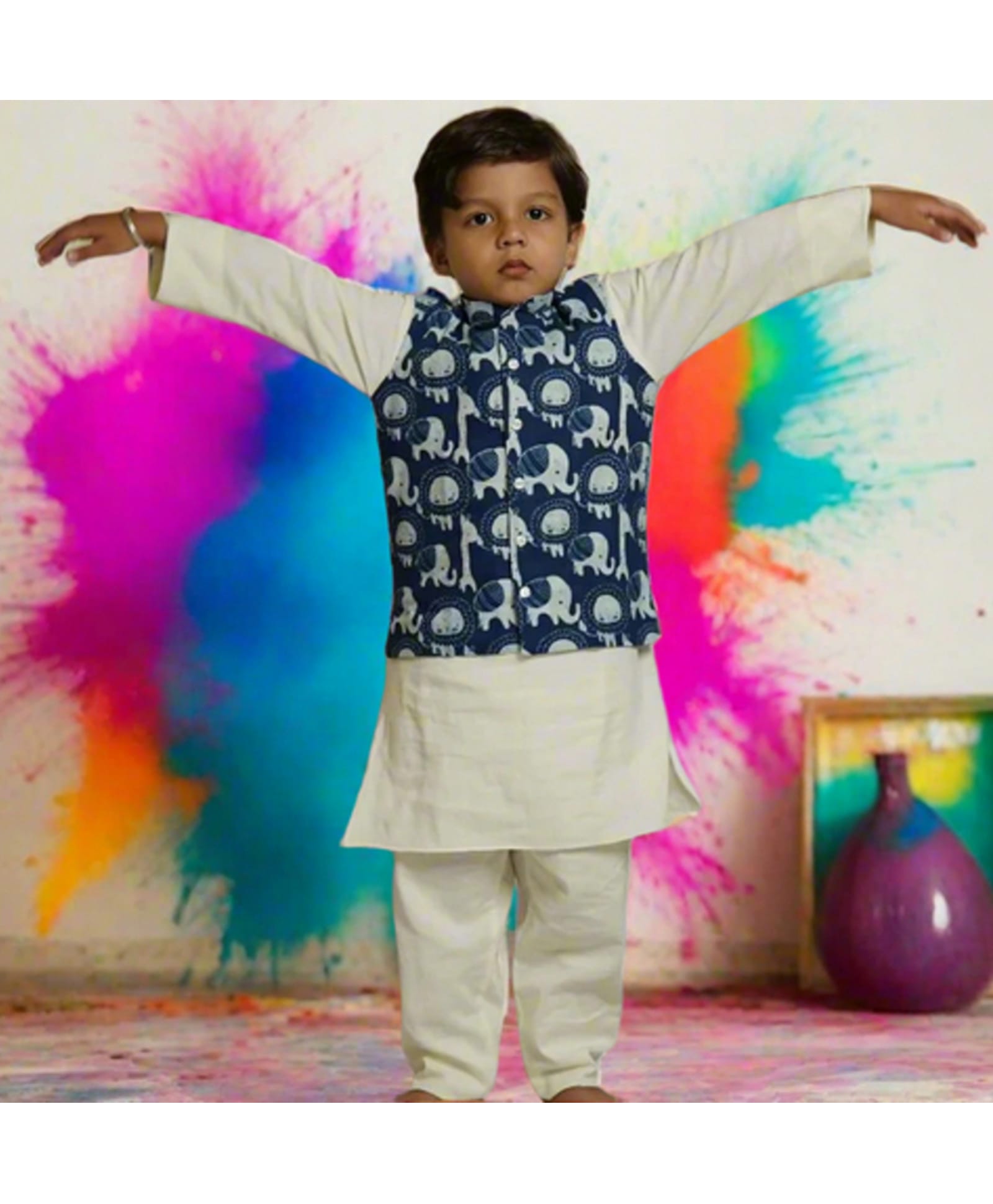 Cuddly cubs Cotton Woven Full Sleeves Solid Kurta & Pyjama With Elephant Printed Jacket Set - Blue-picture-11