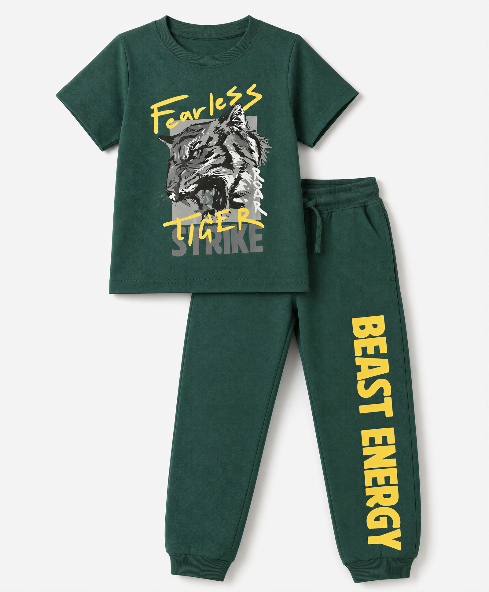 Pine Kids Looper Knit Half Sleeves T-shirt & Joggers Set With Text Print - Green-picture-11