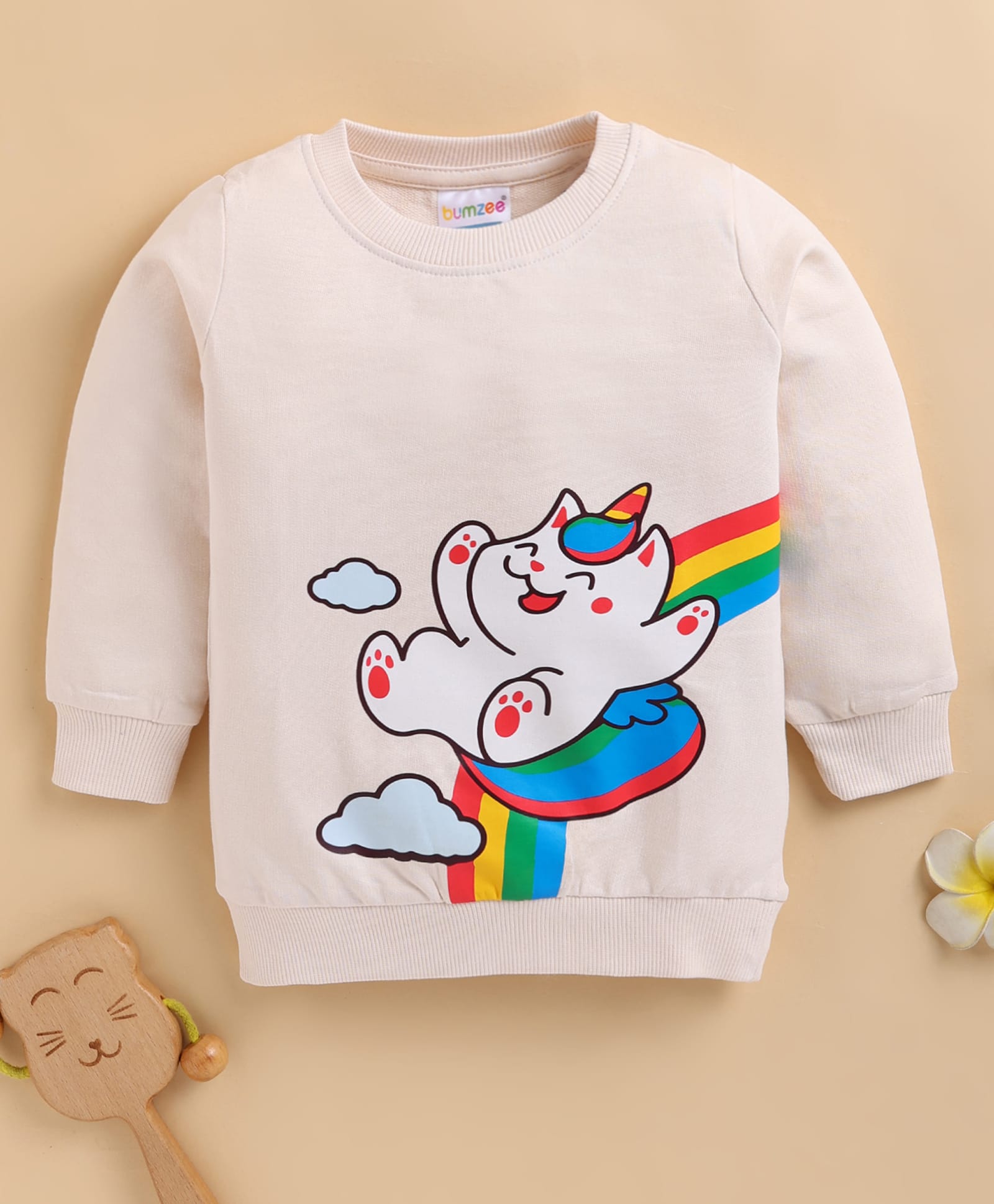BUMZEE Cotton Knit Full Sleeves Animal & Rainbow Printed Light Winter Sweatshirt - Cream-picture-3