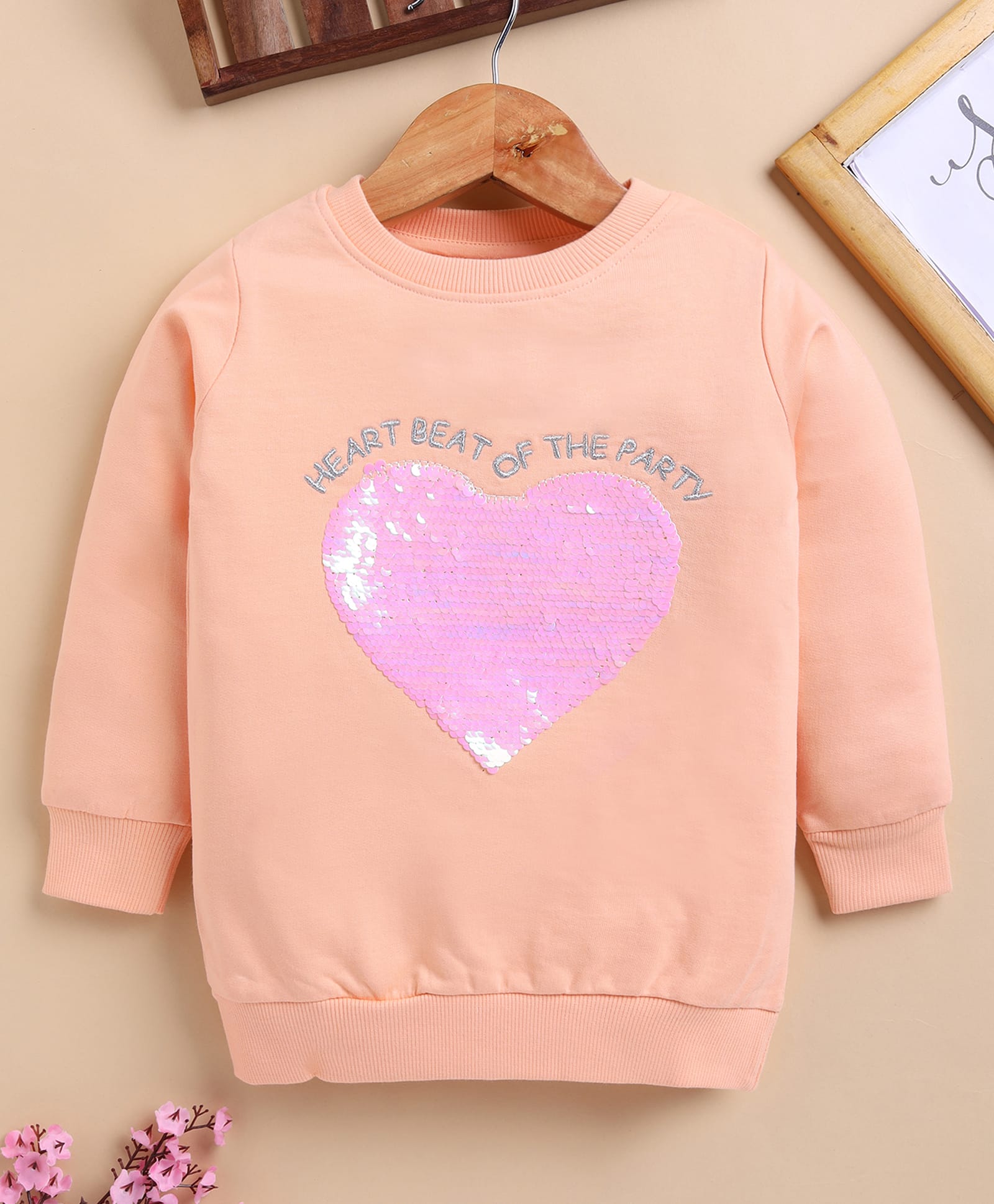 BUMZEE Cotton Knit Full Sleeves Sequins Embellished Heart Designed Light Winter Sweatshirt - Peach-picture-1