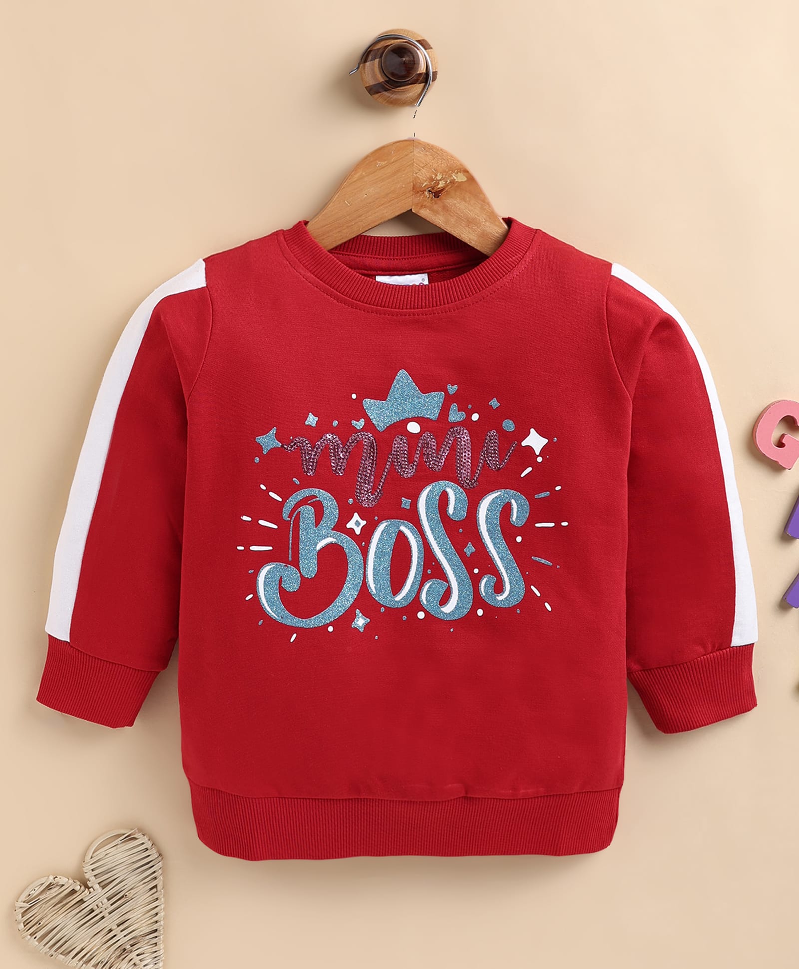 BUMZEE Cotton Knit Full Sleeves Mini Boss Text Embroidered Light Winter Sweatshirt - Red-image-4