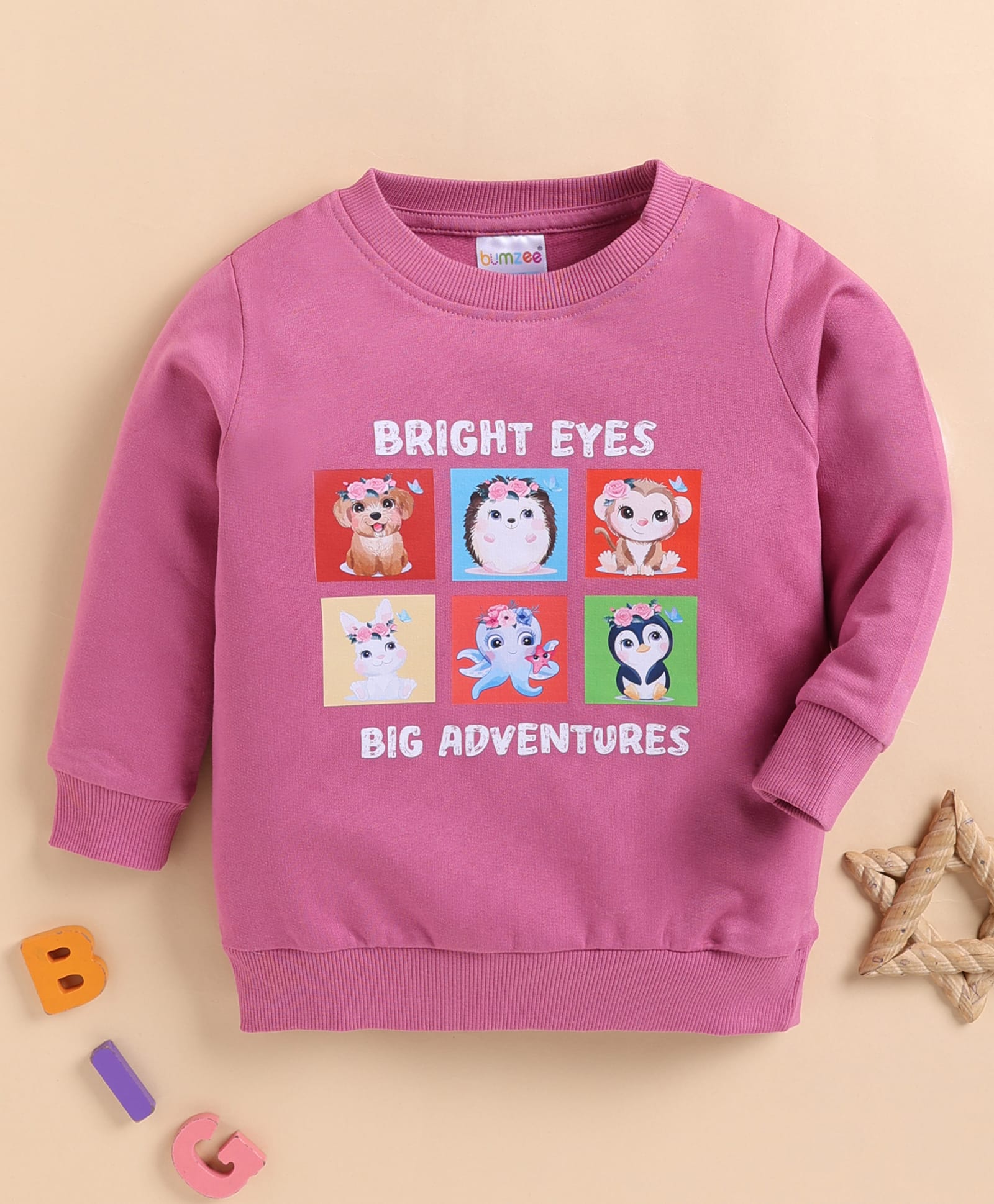 BUMZEE Cotton Knit Full Sleeves Animala & Bright Eyes Text Printed Light Winter Sweatshirt - Mauve-picture-17