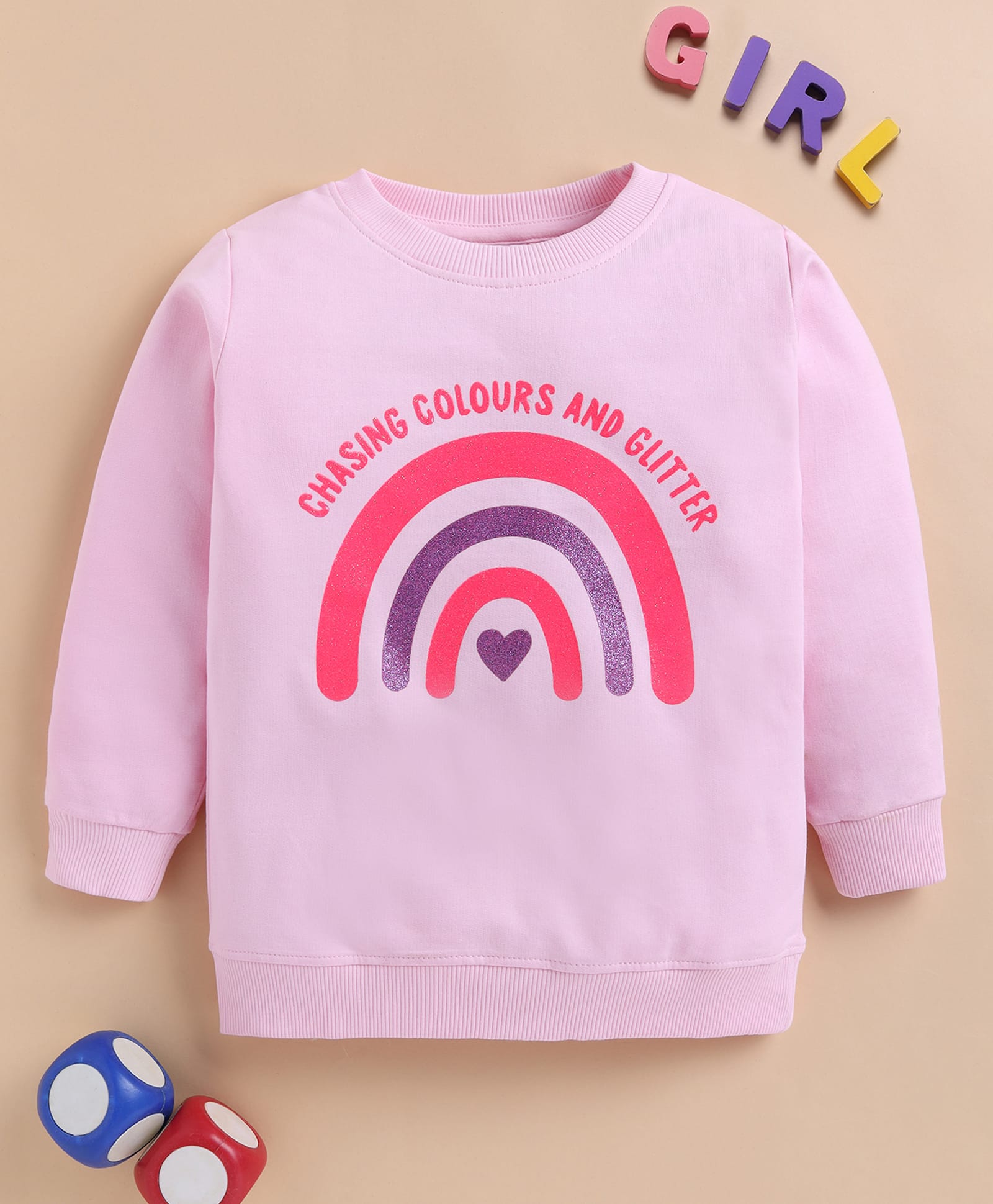 BUMZEE Cotton Knit Full Sleeves Heart & Rainbow Printed Light Winter Sweatshirt - Baby Pink-image-41