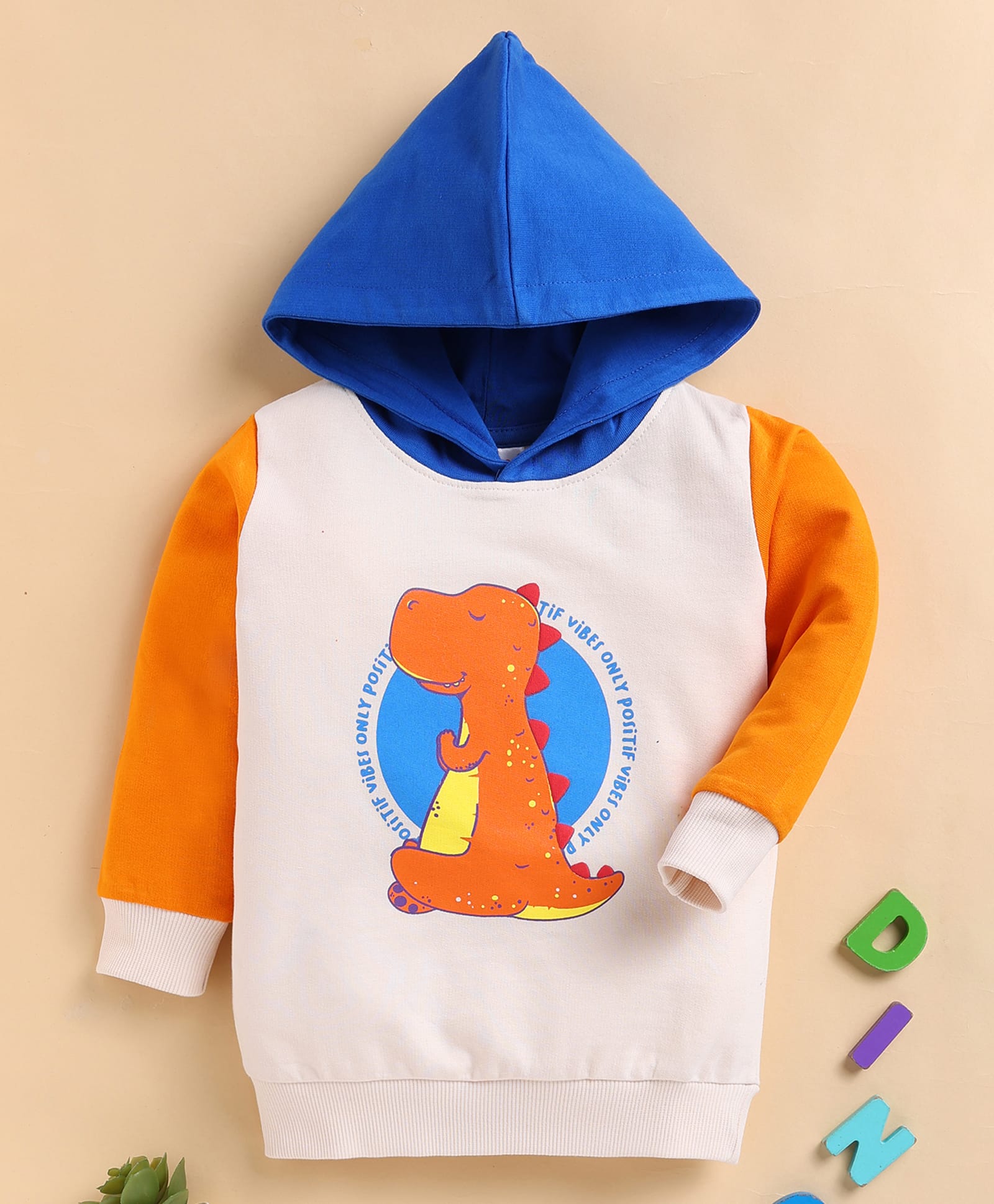 BUMZEE Cotton Knit Full Sleeves Dinosaur Printed Colour Blocked Hoodie - Beige & Orange-image-38