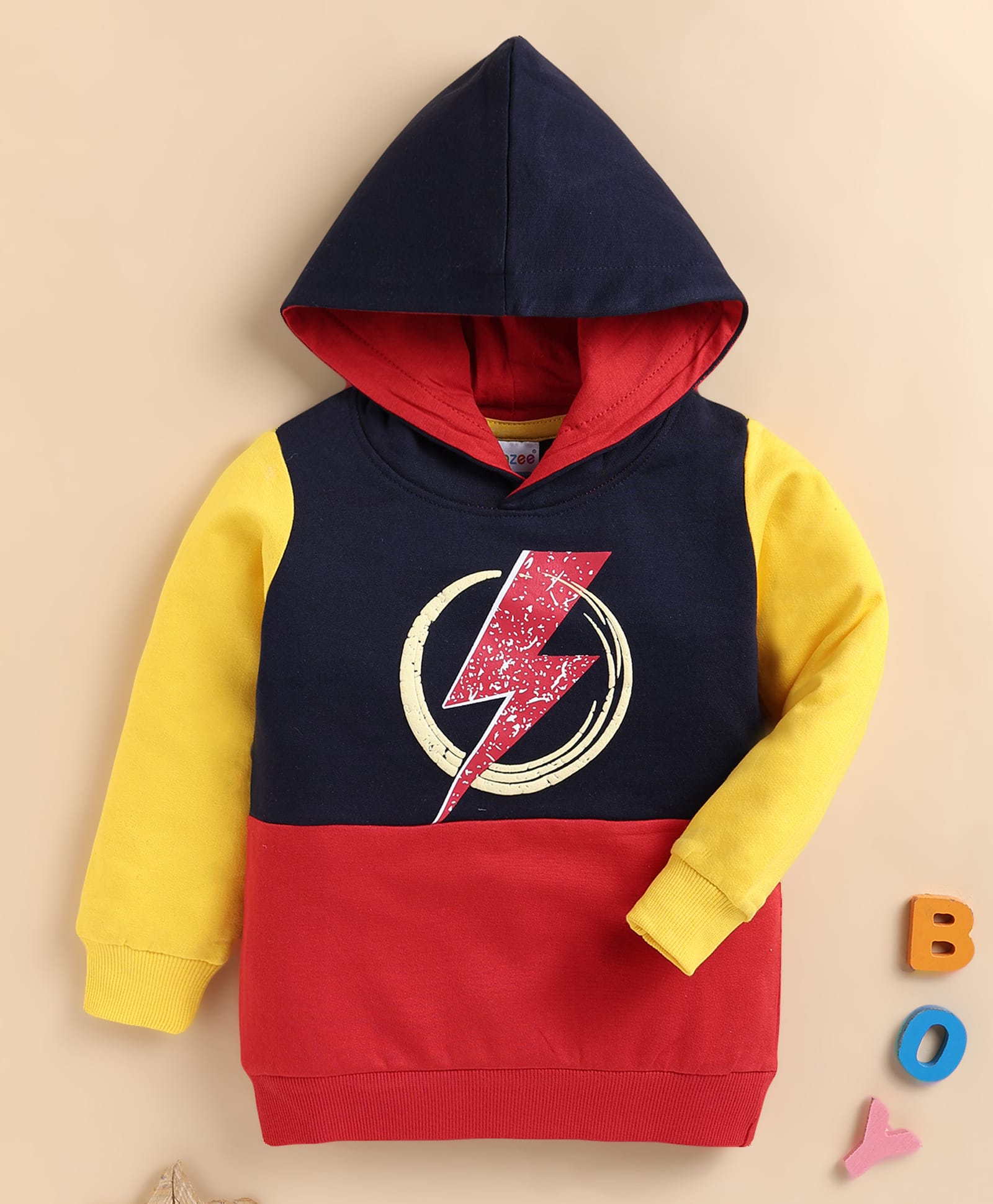 BUMZEE Cotton Knit Full Sleeves Thunderbolt Printed Colour Blocked Hoodie - Multi Colour-image-23