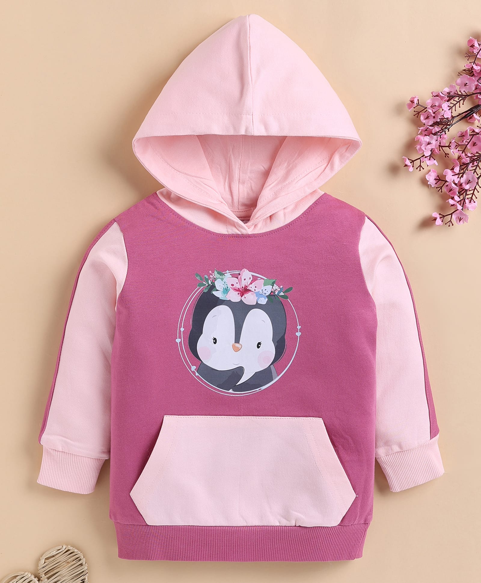 BUMZEE Cotton Knit Full Sleeves Penguin Printed Colour Blocked Hoodie - Mauve & Pink-image-38