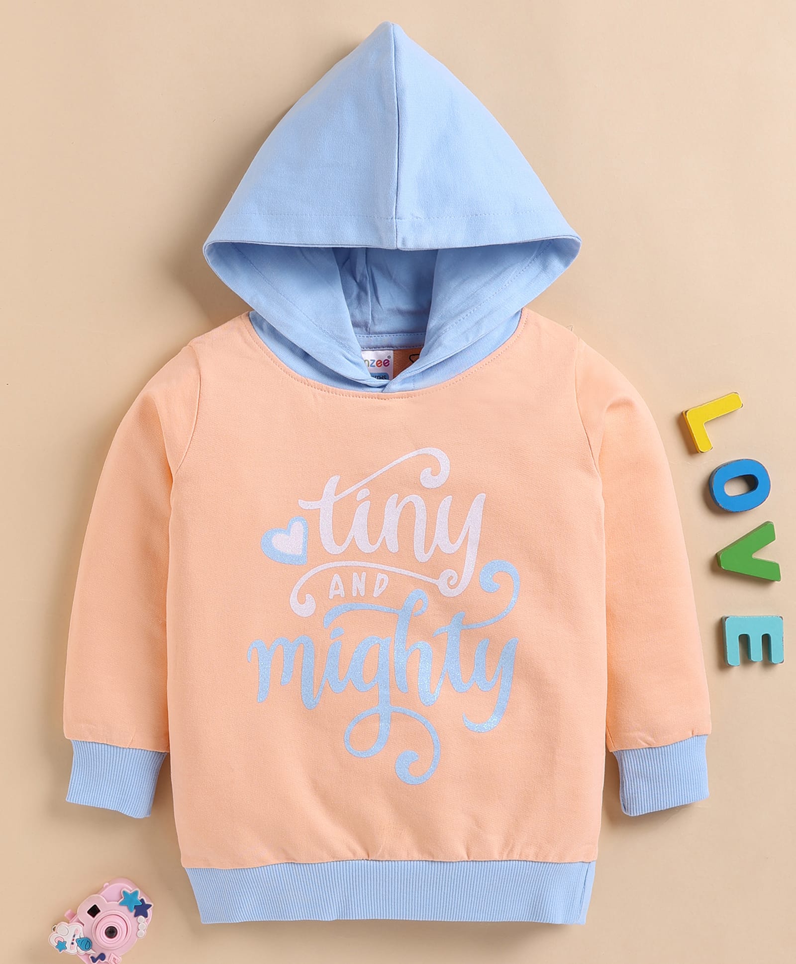 BUMZEE Cotton Knit Full Sleeves Tiny & Mighty Text Printed Colour Blocked Hoodie - Peach & Blue-picture-12