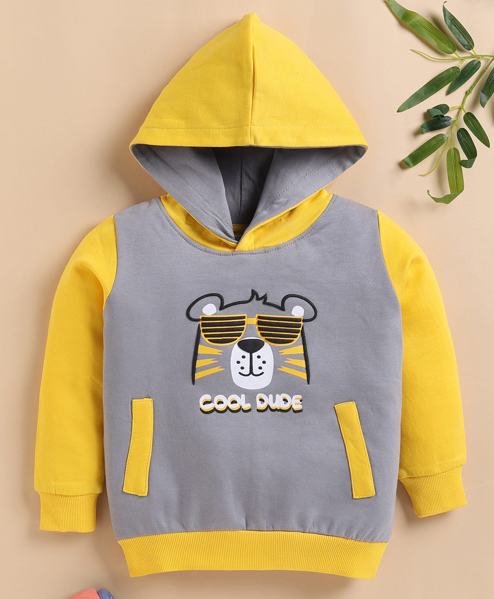BUMZEE Cotton Knit Full Sleeves Bear Embroidered Colour Blocked Hoodie - Grey & Yellow-picture-20