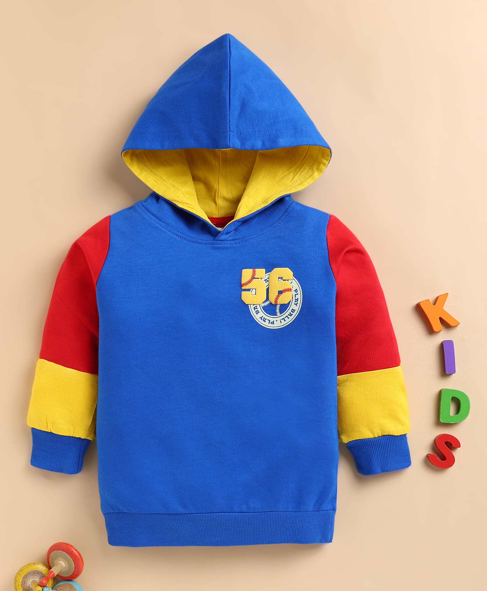 BUMZEE Cotton Knit Full Sleeves Numerical Embroidered Colour Blocked Hoodie - Royal Blue-picture-19