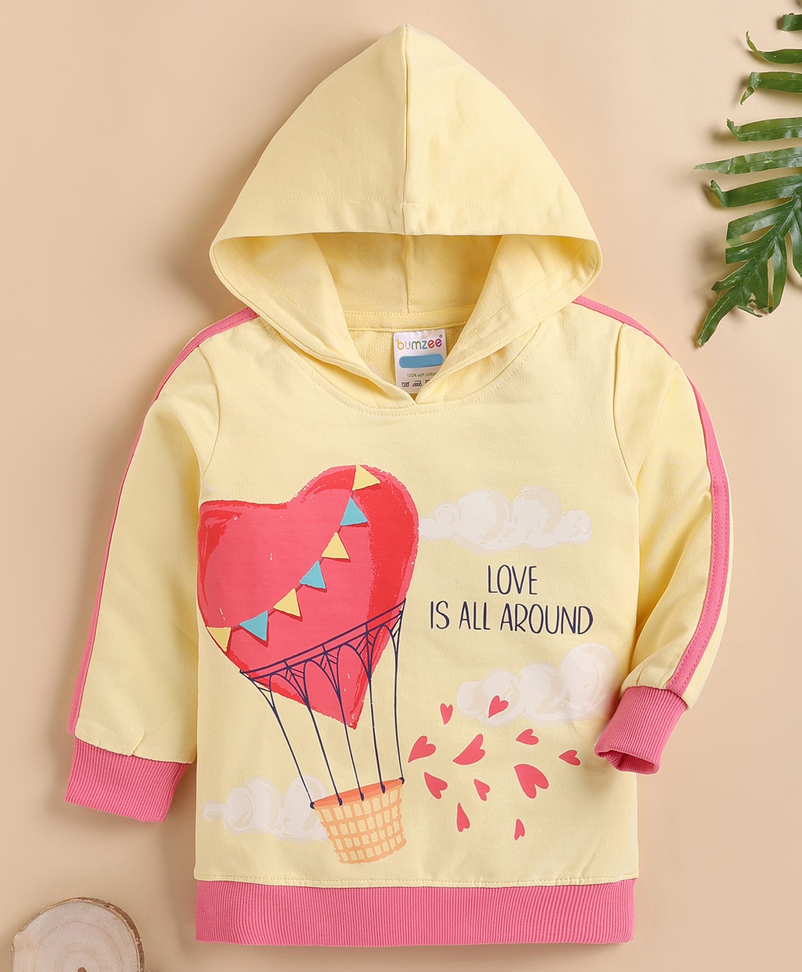 BUMZEE Cotton Knit Full Sleeves Hearts Printed Hoodie - Yellow-image-39