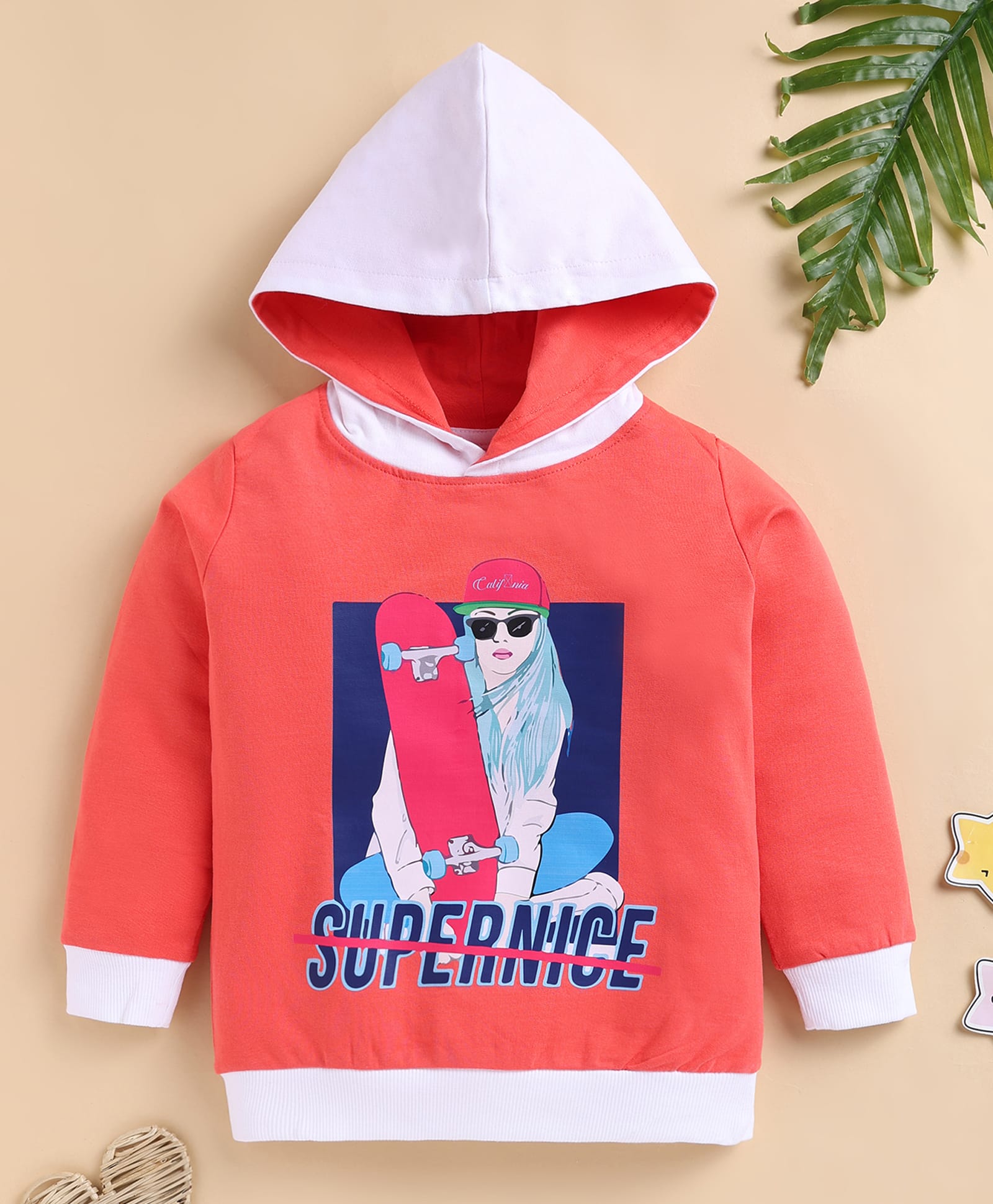 BUMZEE Cotton Knit Full Sleeves Skater Girl & Supernice Text Printed Hoodie - Coral-picture-3