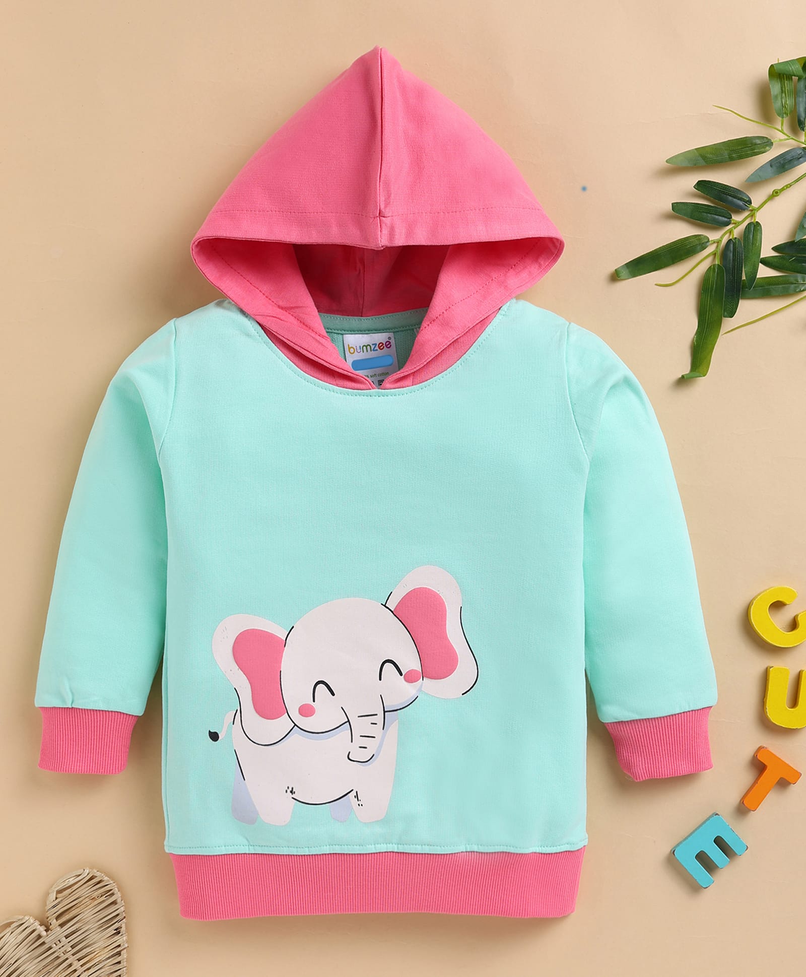 BUMZEE Cotton Knit Full Sleeves Elephant Printed Hoodie - Mint Green & Pink-image-38