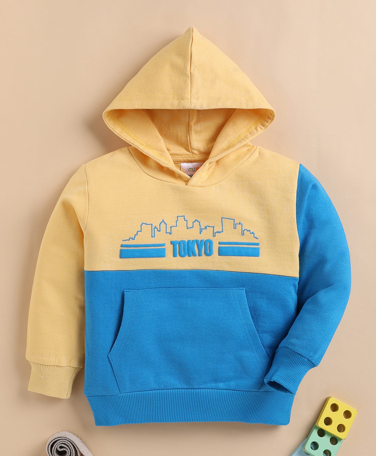 BUMZEE Cotton Knit Full Sleeves Tokyo Theme Embroidered Cut & Sew Detailed Hoodie - Yellow-image-10