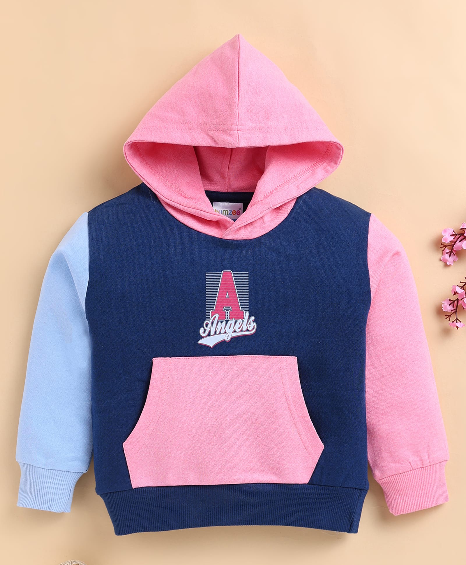BUMZEE Cotton Knit Full Sleeves Angel Text Printed Cut & Sew Detailed Hoodie - Navy Blue & Pink-image-49