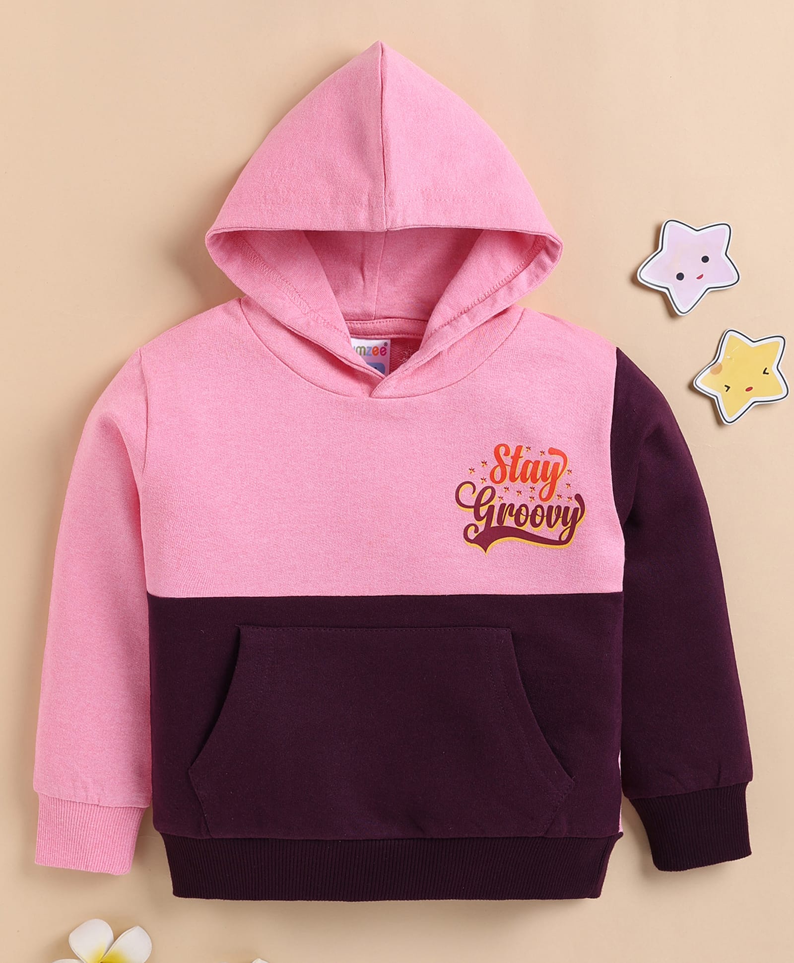 BUMZEE Cotton Knit Full Sleeves Stay Grooved Text Printed Colour Blocked Hoodie - Pink & Wine-image-41