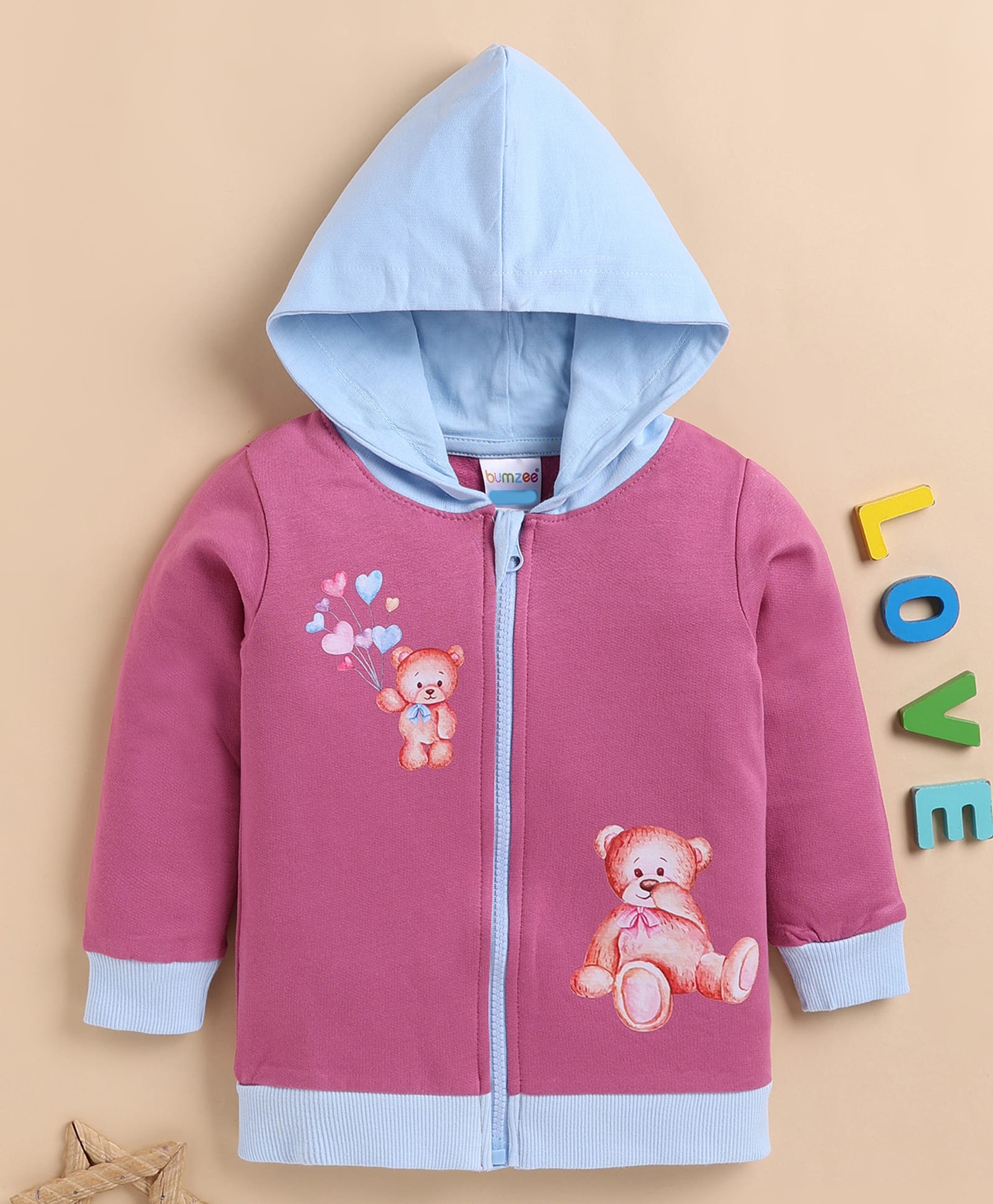 BUMZEE Cotton Knit Full Sleeves Bear Printed Colour Blocked Hooded Light Winter Sweatjacket - Mauve & Sky Blue-image-12
