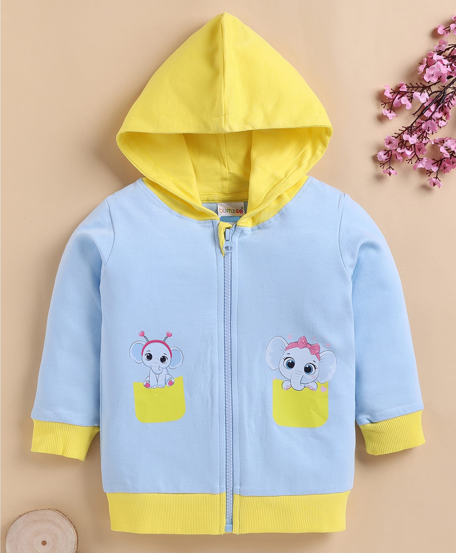 BUMZEE Cotton Knit Full Sleeves Elephant Printed Colour Blocked Hooded Light Winter Sweatjacket - Sky Blue & Yellow-image-19