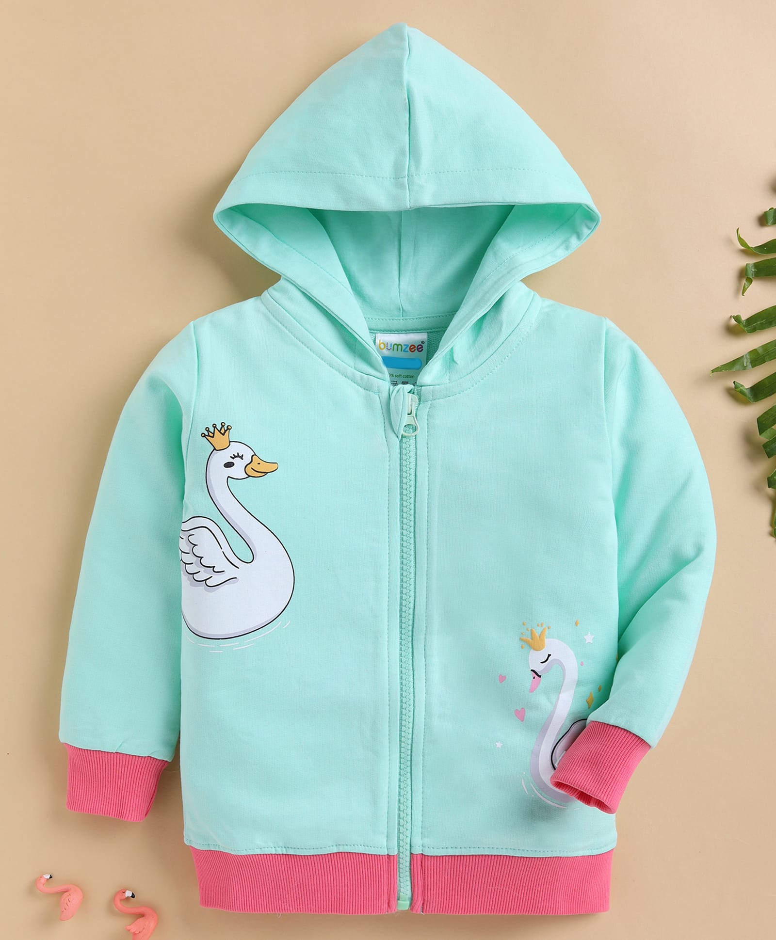 BUMZEE Cotton Knit Full Sleeves Swan Printed Hooded Light Winter Sweatjacket - Green & Pink-picture-44