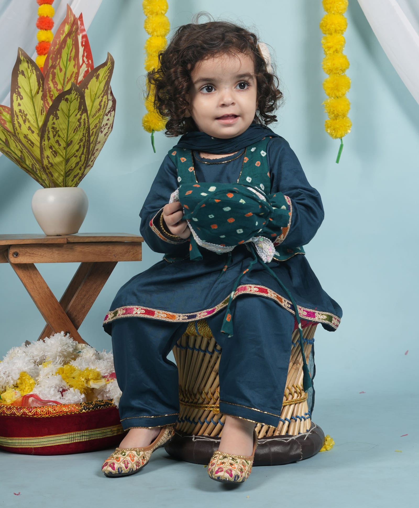 Cuddly cubs Cotton Woven Full Sleeves Lace Embellished Kurti & Pants With Dupatta & Bandhani Printed Jacket Set - Teal-image-46