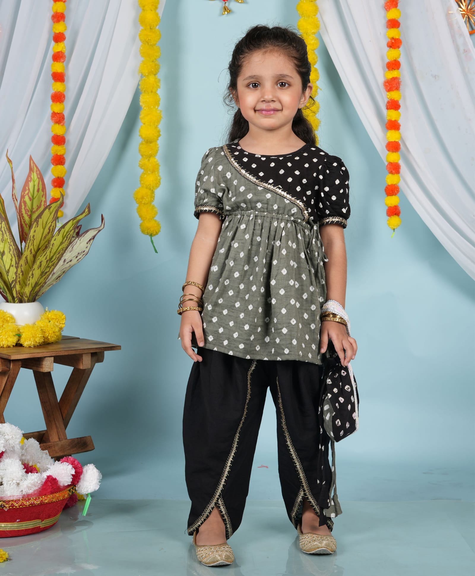Cuddly cubs Cotton Woven Full Sleeves Colour Blocked Bandhani Printed Angrakha Style Kurti & Dhoti Set - Black-image-31