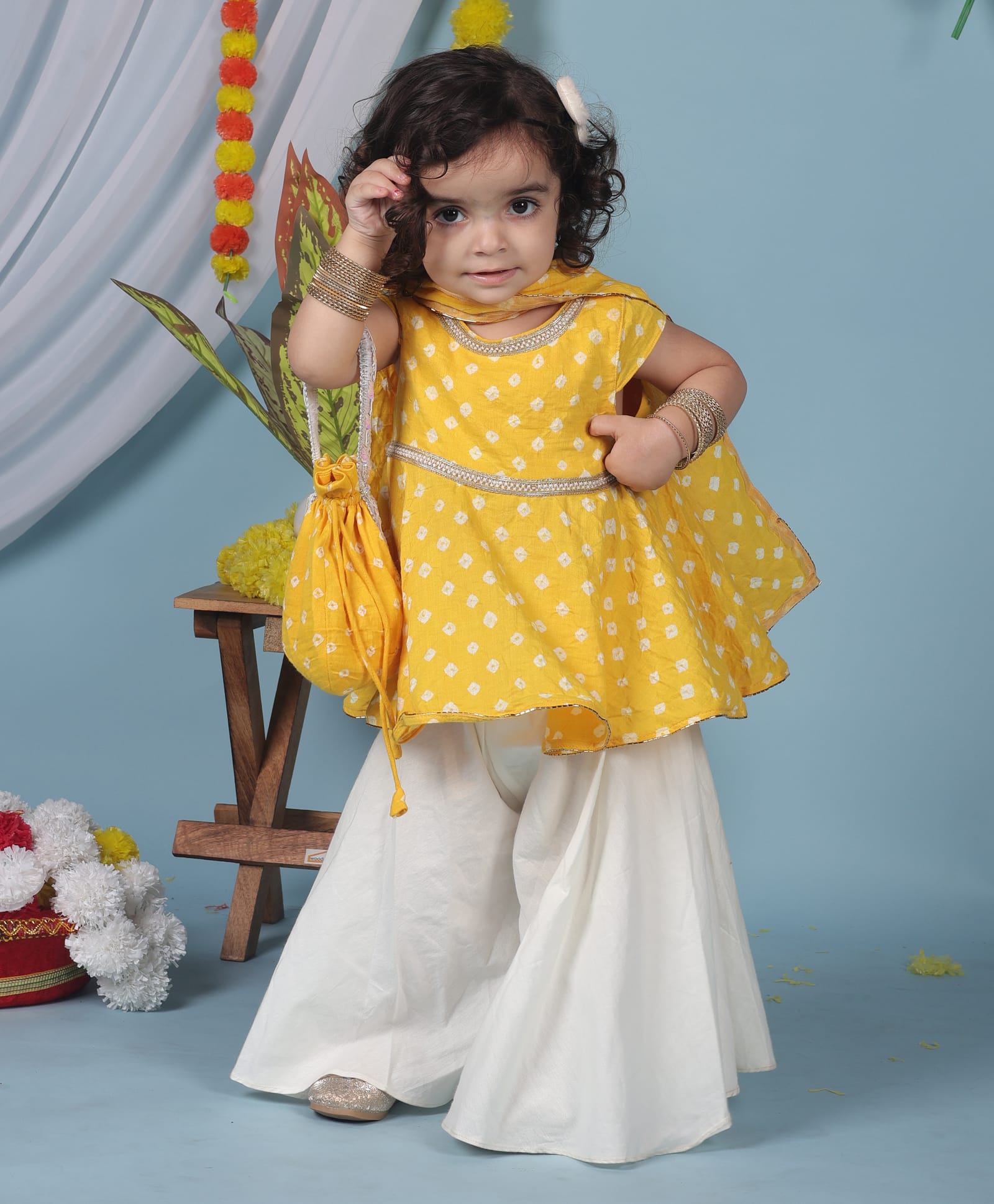 Cuddly cubs Cotton Woven Cap Sleeves Bandhani Printed Kurti & Sharara With Dupatta Set - Yellow-image-9