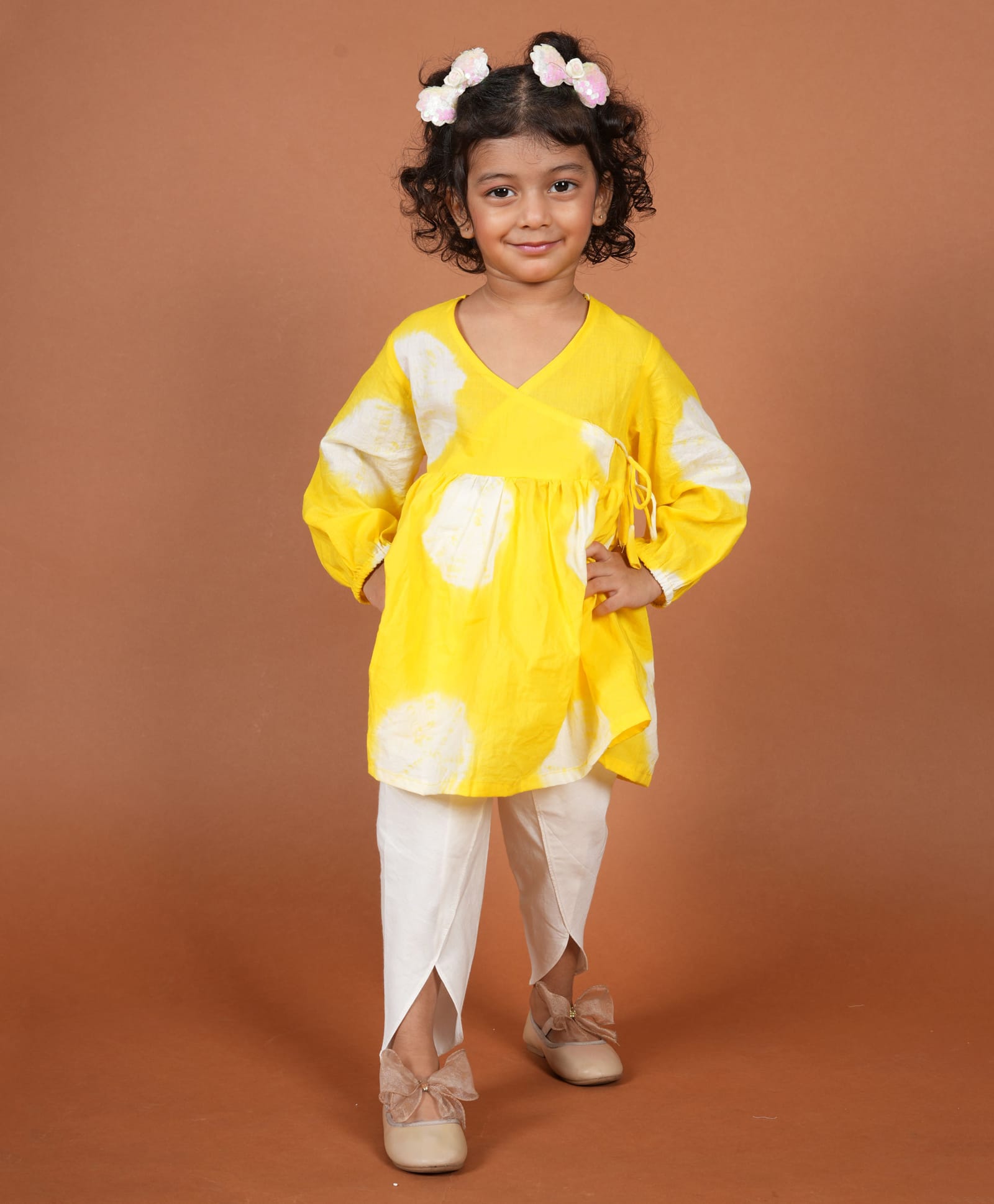 Cuddly cubs Cotton Woven Full Sleeves Abstract Printed Angrakha Kurti & Pant Set - Yellow-image-19