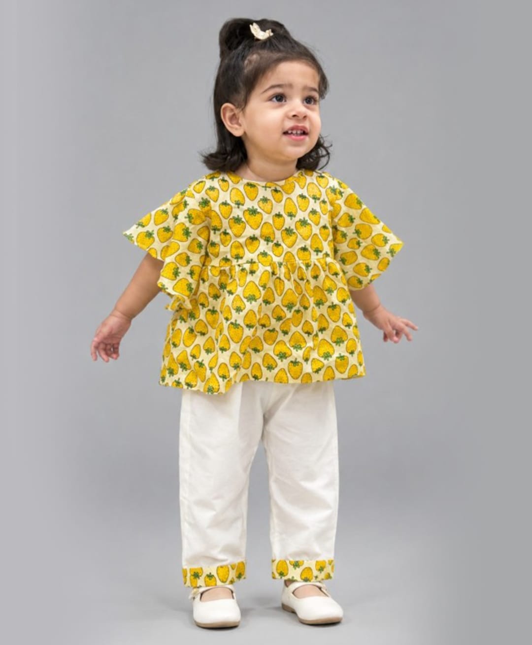 Cuddly cubs Cotton Woven Full Sleeves Strawberries Printed Kaftan Style Kurti & Pants Set - Yellow-image-19