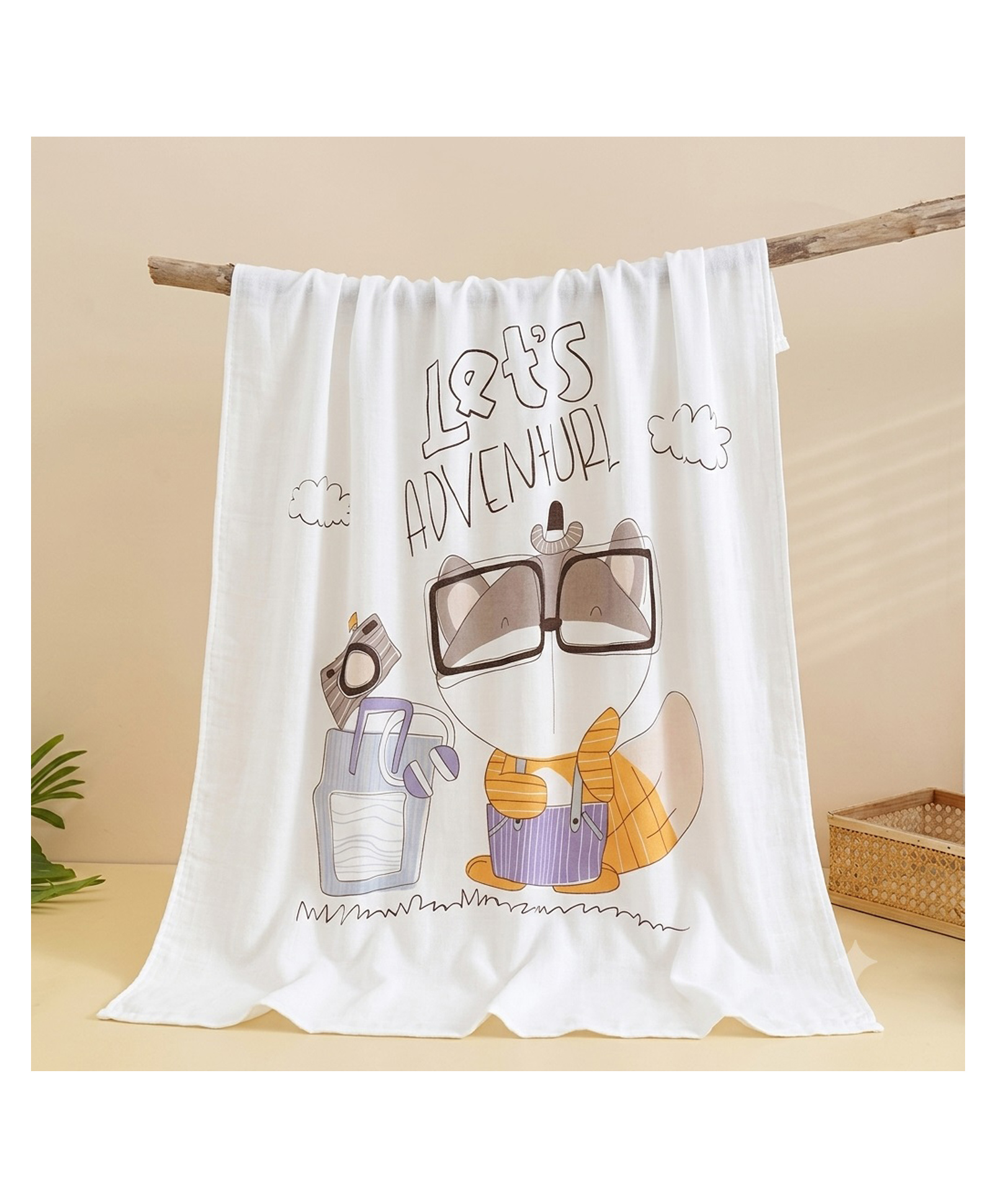 Butterthief Let's Adventure Printed Bamboo Cotton Swaddle Baby Blanket - White-picture-16