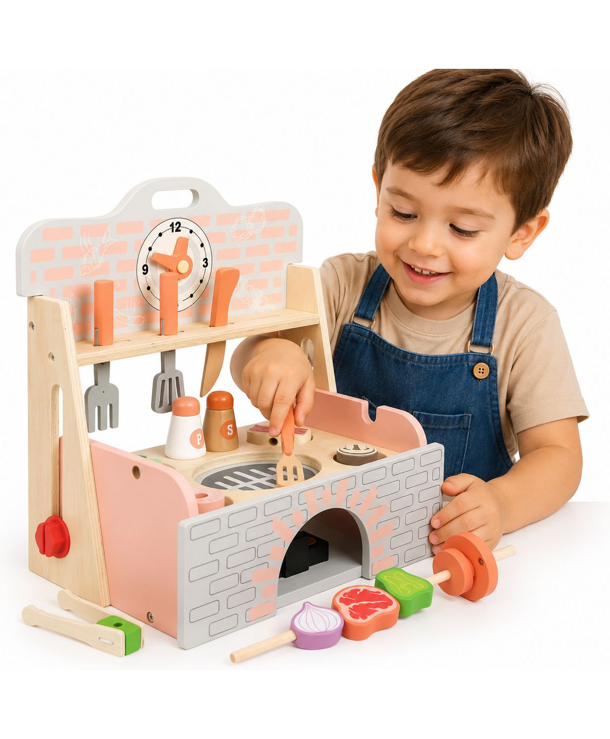 Sanjary Kids Wooden BBQ Kitchen Play Set with Grill, Cooking Accessories, Pretend Food, Educational Role Play Toy for Boys and Girls color design may vary-image-46