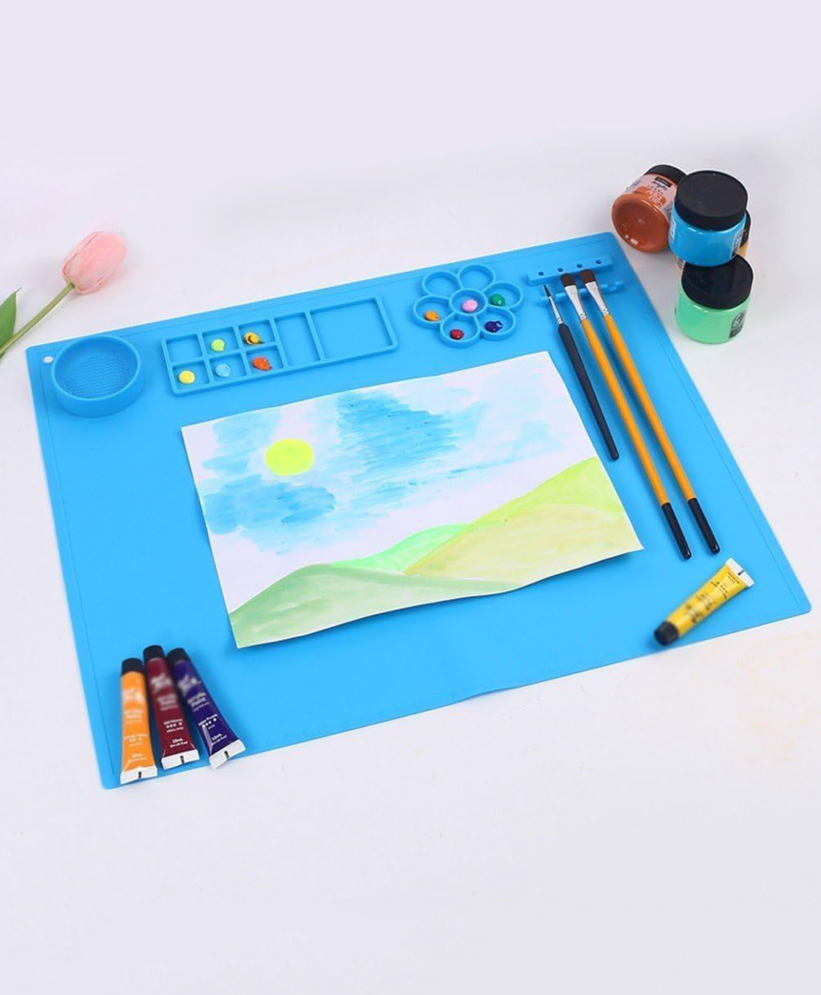 Sanjary Kids Silicone Art & Craft Painting Mat, Reusable Drawing Workspace, Paint Palette, Brush Holder, Creative DIY Learning Activity Table Protector color design may vary-picture-8