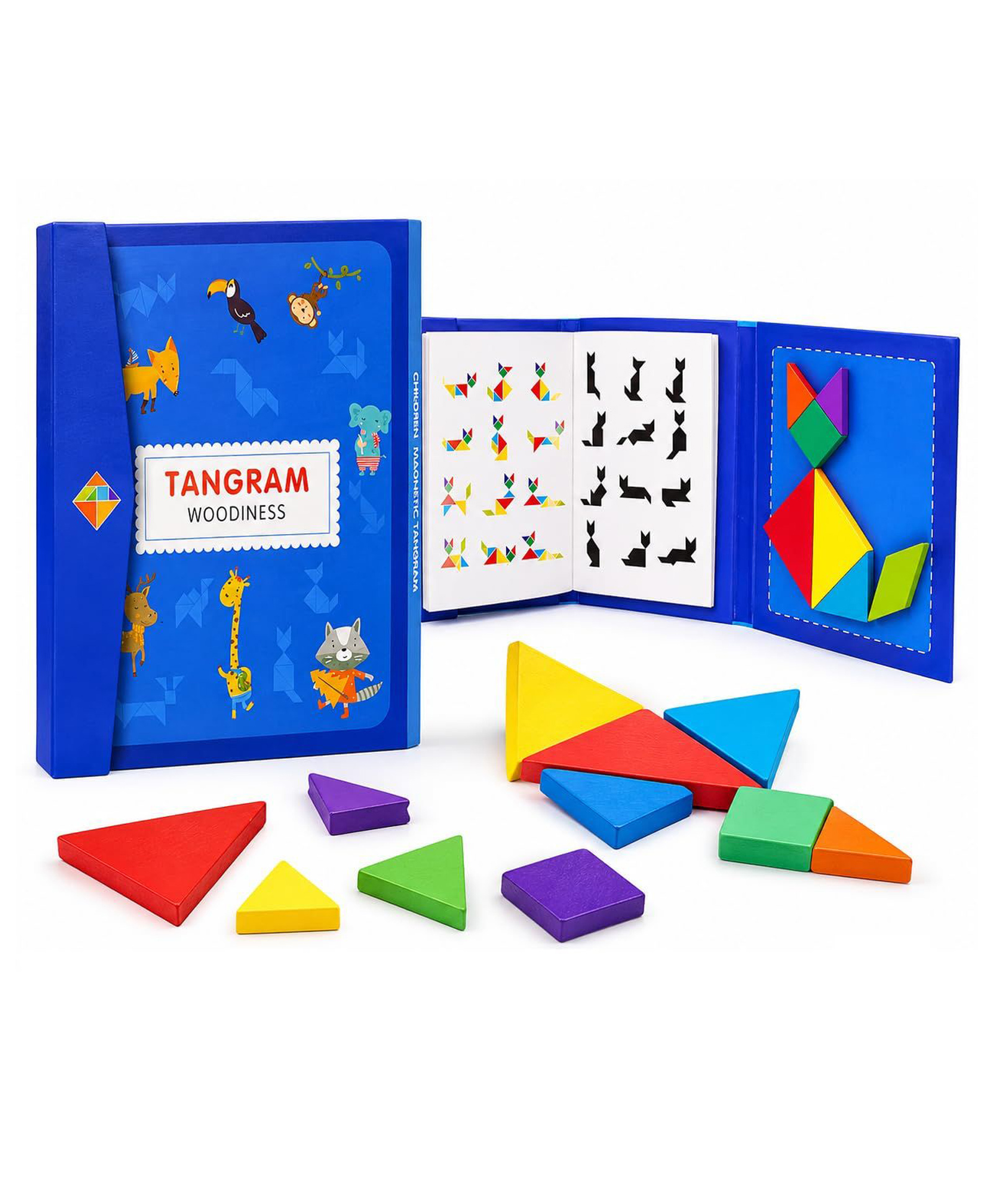 Sanjary Kids Wooden Tangram Puzzle Book, Magnetic Brain Teaser, Shape Matching Educational Game, STEM Learning Toy, Travel Activity Gift for Children color design may vary-picture-47