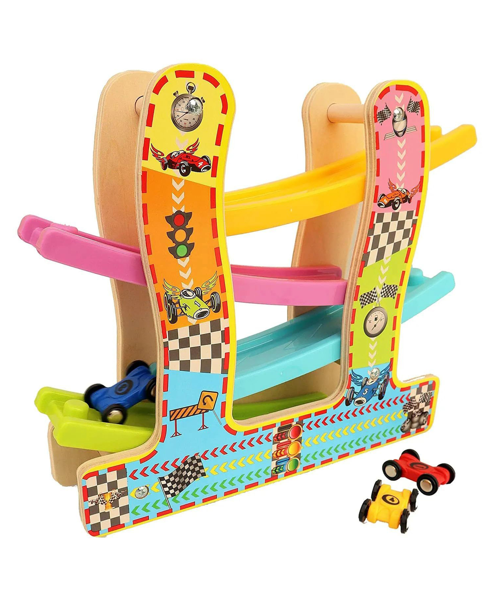 Sanjary Kids Wooden Racing Car Track Ramp Toy with Four Mini Cars, Montessori Educational Rolling Race Game for Toddlers and Preschoolers color design may vary-image-26