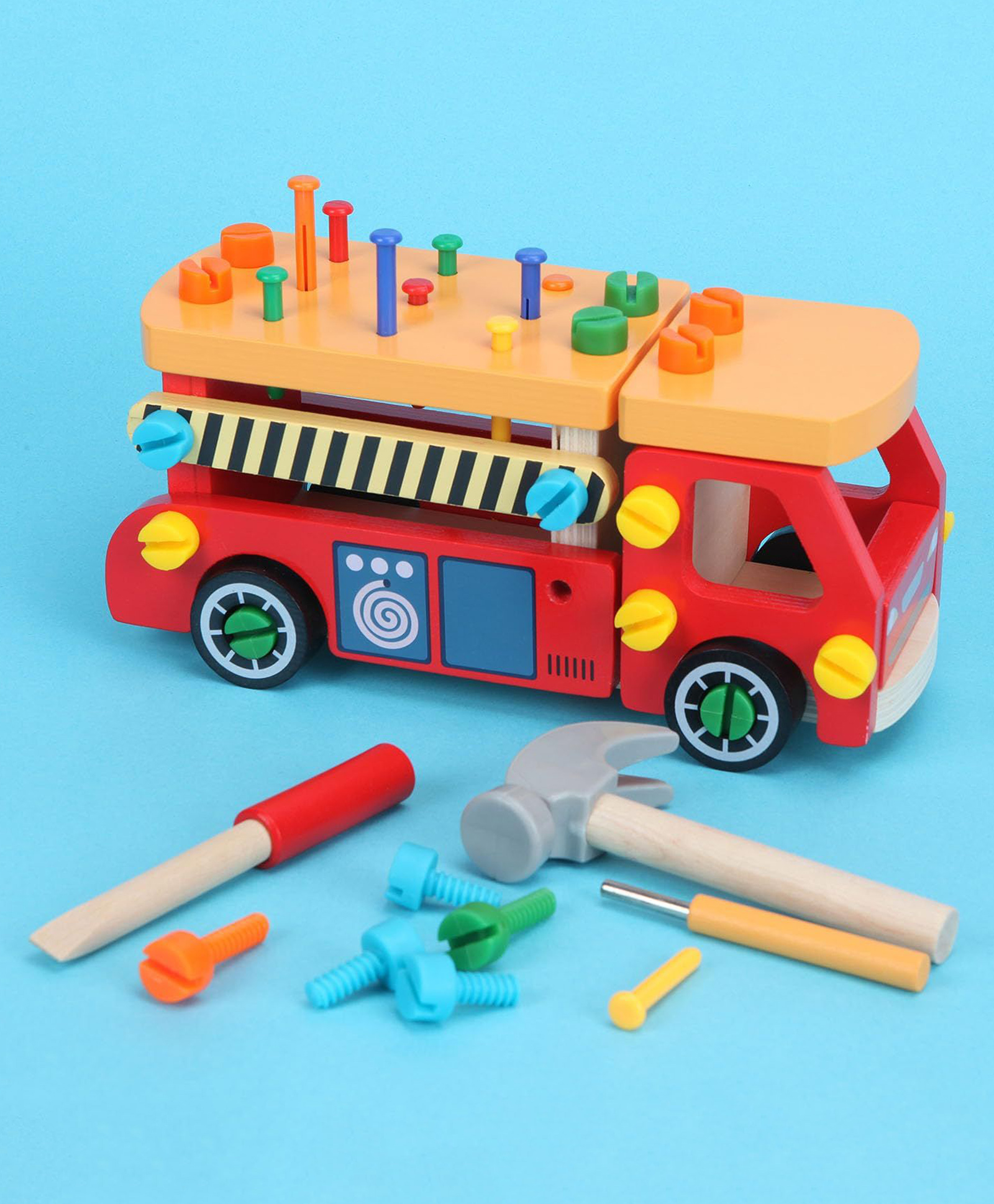 Sanjary Kids Wooden Fire Truck Tool Set with Hammer, Screwdriver, Nuts, Bolts, Construction Toy, Montessori STEM Learning Gift for Toddlers color design may vary-image-4