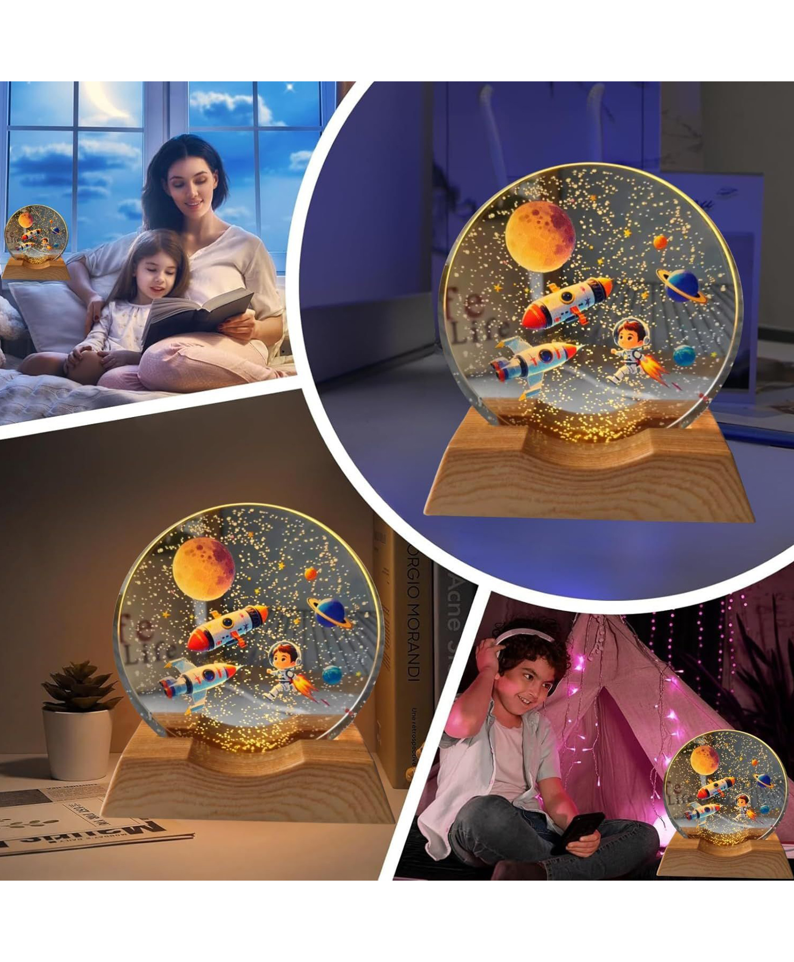 Sanjary Kids 3D Space Crystal Ball Night Lamp with LED Wooden Base, Astronaut Galaxy Moon Decorative Bedside Light Gift for Children color design may vary-image-47