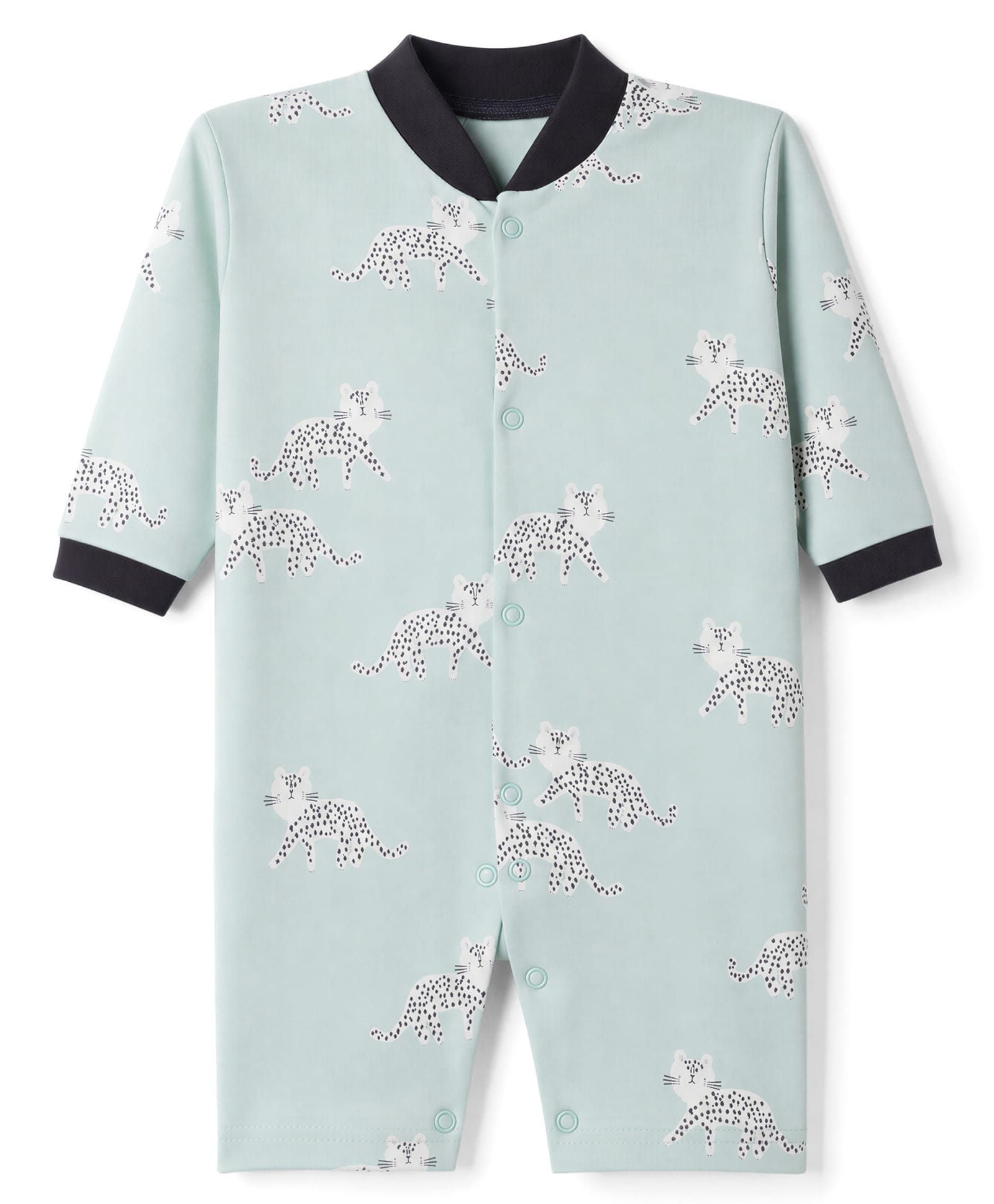 Junior Star Full Sleeves Cheetah Printed Romper - Sky Blue & White-image-2
